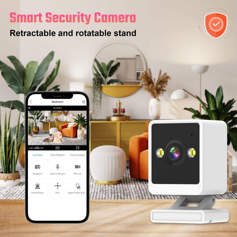 Smart Security Camera  
Retractable and rotatable stand  

- Live View  
- Card Playback  
- Cloud Playback  
- Snapshot  
- Voice Intercom  
- Record  
- Smart Alarm  
- PTZ  
- Night Vision & AI