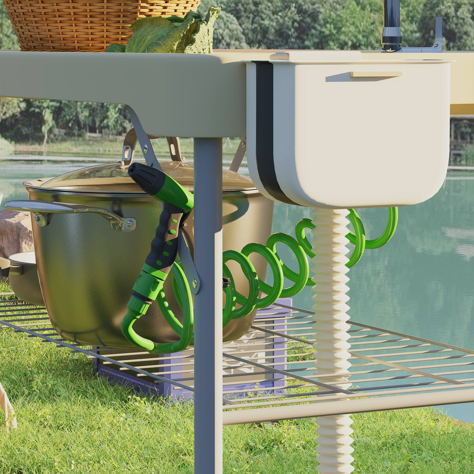 Alt View 7. Outsunny - Folding Fish Cleaning Table with Sinks, Portable Camping Sink Table with Faucet, Drainage Hose, Sprayer, Shelf - Tan.