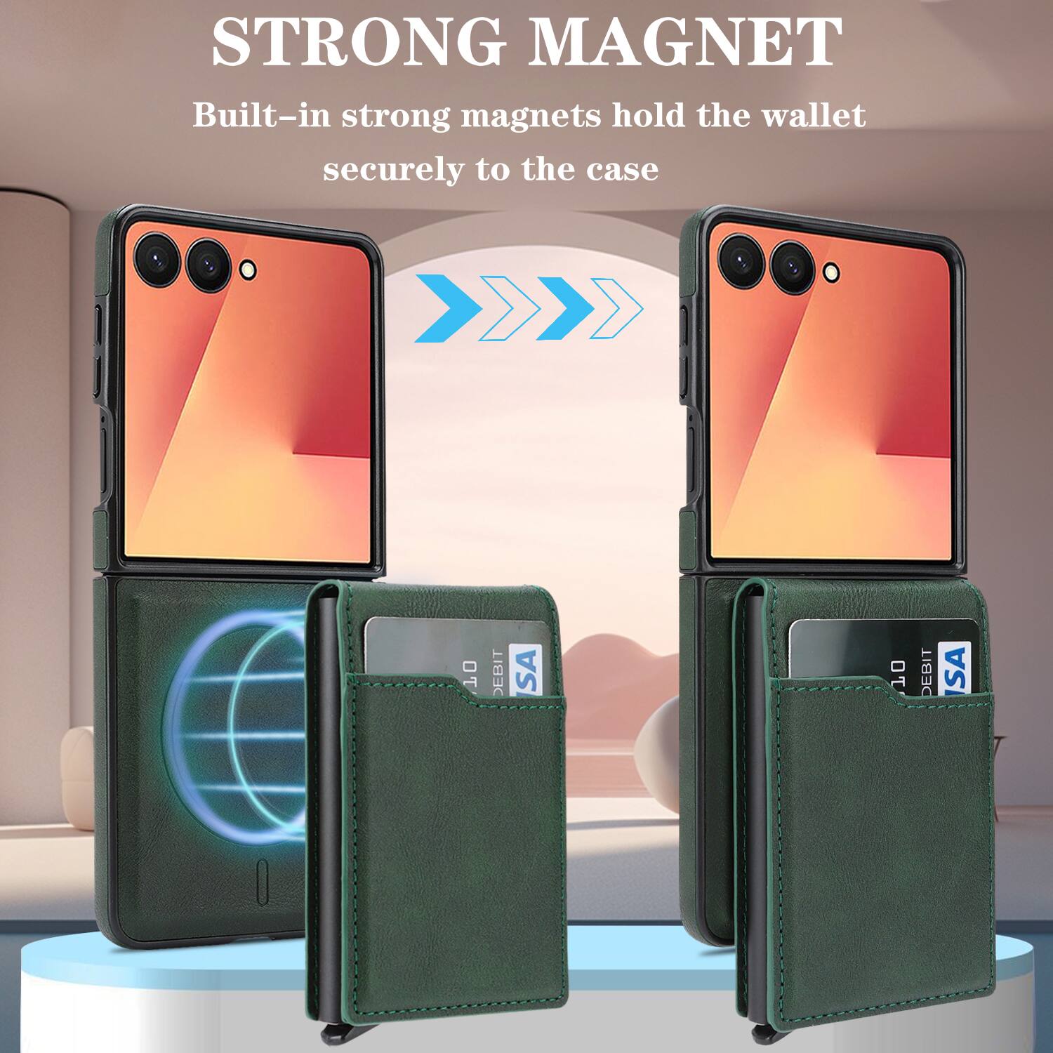 STRONG MAGNET  
Built-in strong magnets hold the wallet securely to the case