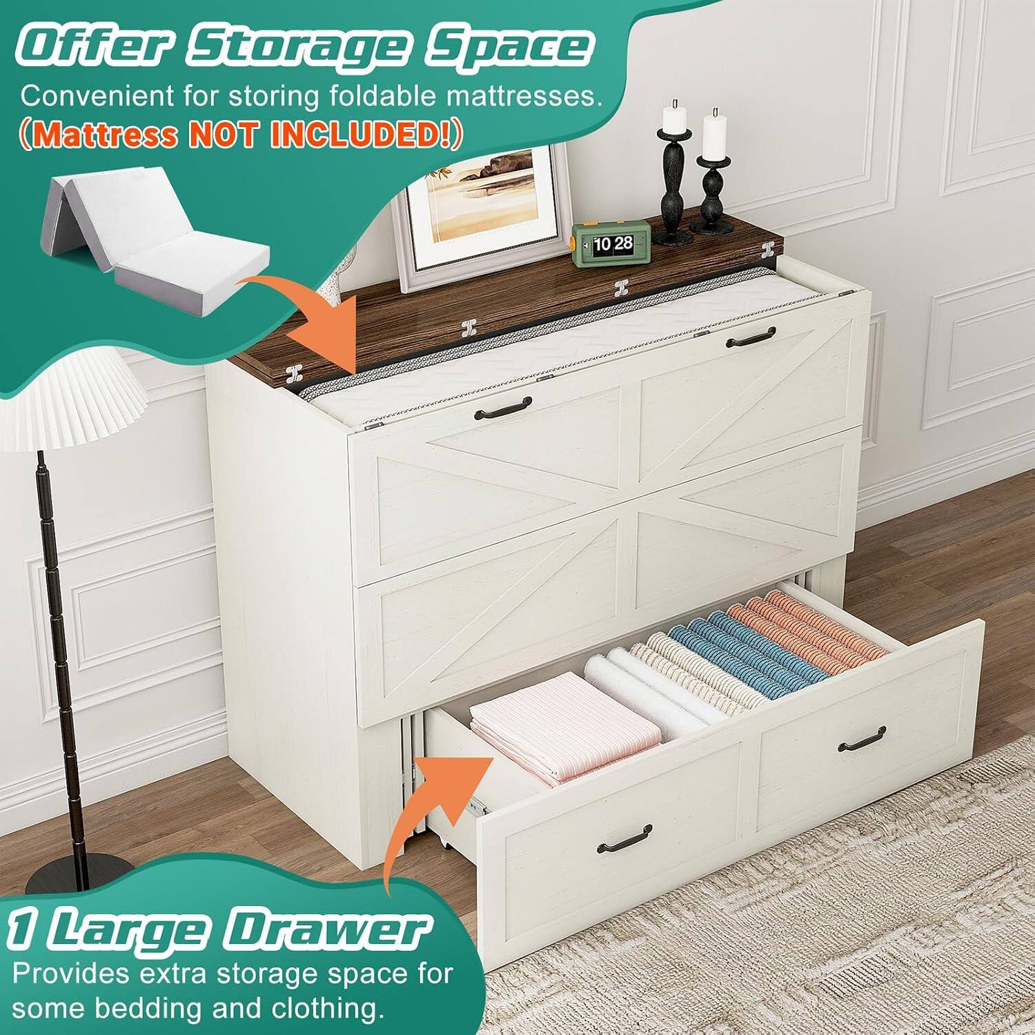 Offer Storage Space  
Convenient for storing foldable mattresses.  
(Mattress NOT INCLUDED!)  

1 Large Drawer  
Provides extra storage space for some bedding and clothing.