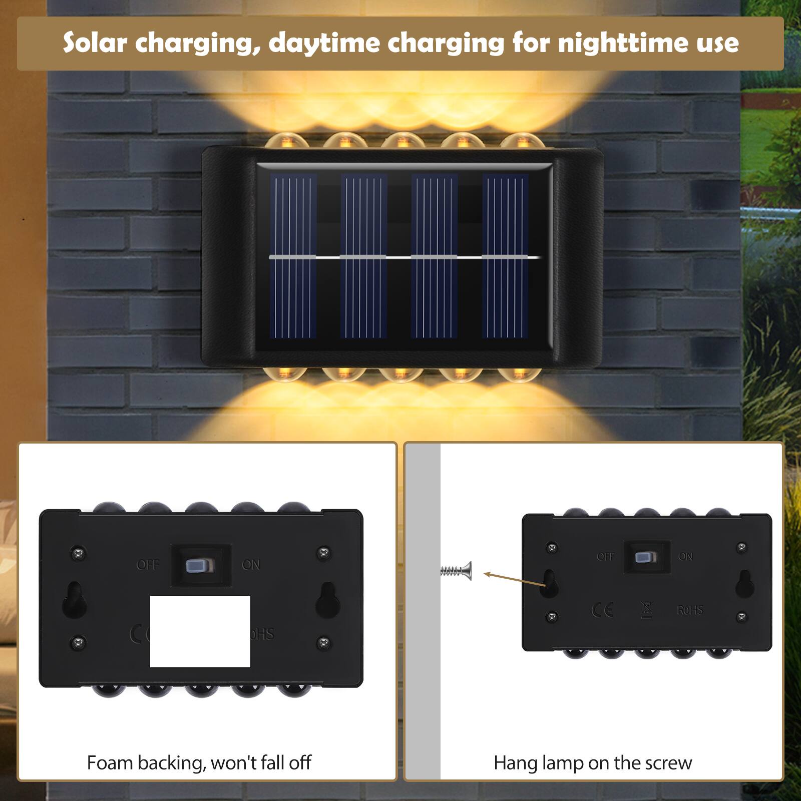 Solar charging, daytime charging for nighttime use

Foam backing, won't fall off

Hang lamp on the screw