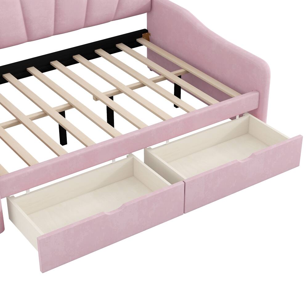 Alt View 7. Loheer - Loheer Full Size Pink Velvet Daybed with 2 Storage Drawers and Shell Shaped Backrest - Pink.