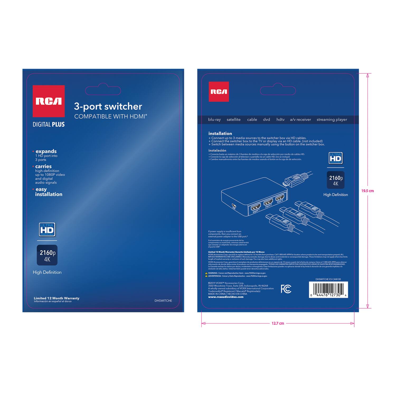 **Front Side:**

- RCA
- 3-port switcher
- COMPATIBLE WITH HDMI*
- DIGITAL PLUS
- expands 1 HD port into 3 HD ports
- carries high-definition video and digital audio signals
- easy installation
- HD
- 2160p 4K
- High Definition
- Limited 12 Month Warranty
- DSWITCH

**Back Side:**

- RCA
- blu-ray satellite cable dvd hdtv a/v receiver streaming player
- installation
  - Connect up to 3 media sources to the switcher box via HDMI cable (included).
  - Switch between media sources manually using the button on the switcher box.
- HD
- 2160p 4K
- High Definition
- 19.5 cm
- 12.7 cm
- Limited 12 Month Warranty
- FCC
- www.rcausa.com
- 044476 12730
- MADE IN CHINA
- ©2019 RCA Corporation of America. All rights reserved.