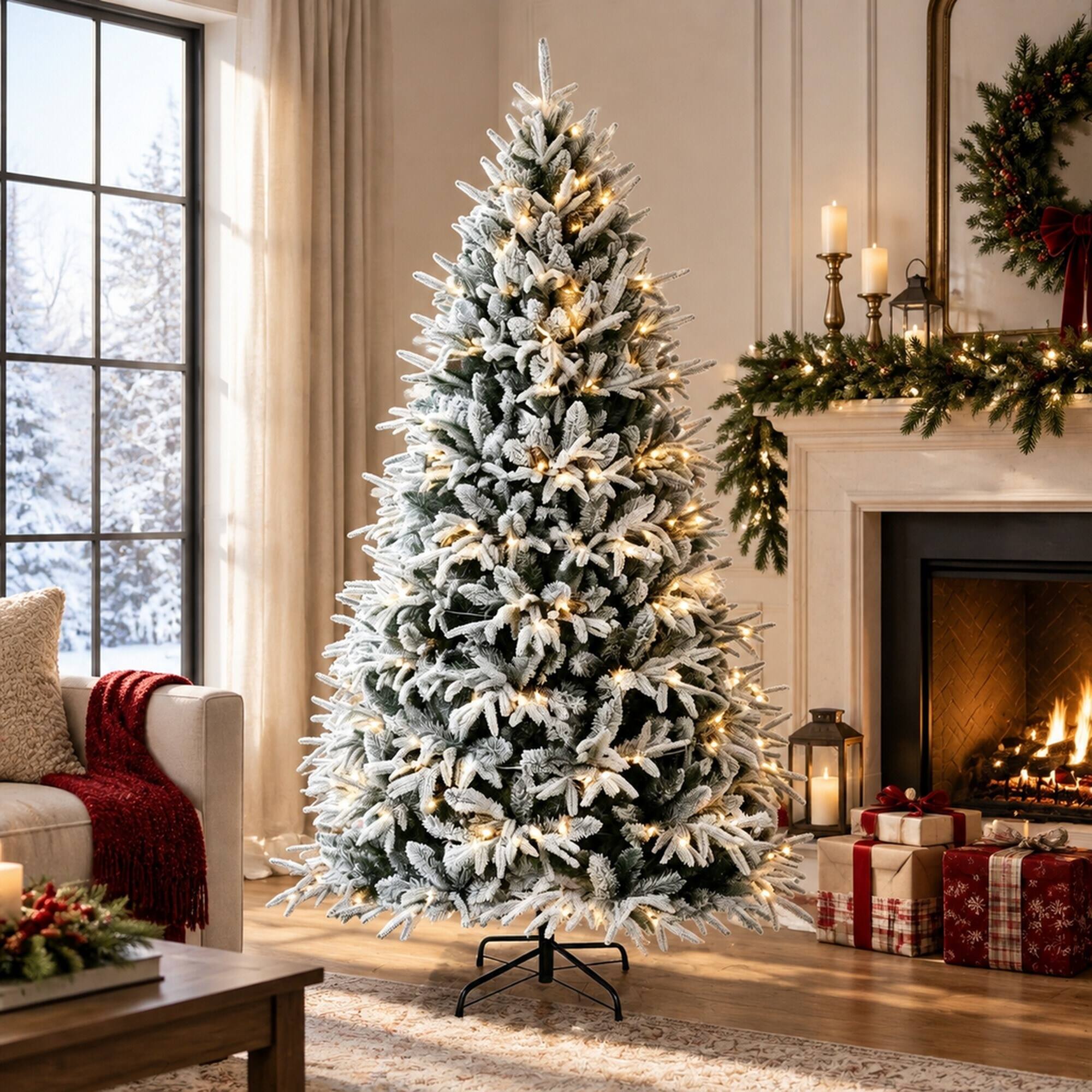 RYHNUYNE Pre Lit Flocked Snowy Artificial Christmas Tree With Frosted ...