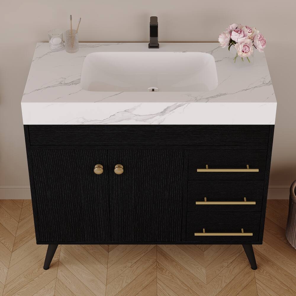 Left. Loheer - Loheer 36 inch freestanding bathroom vanity with integrated ceramic sink and faux marble top - Black, White.