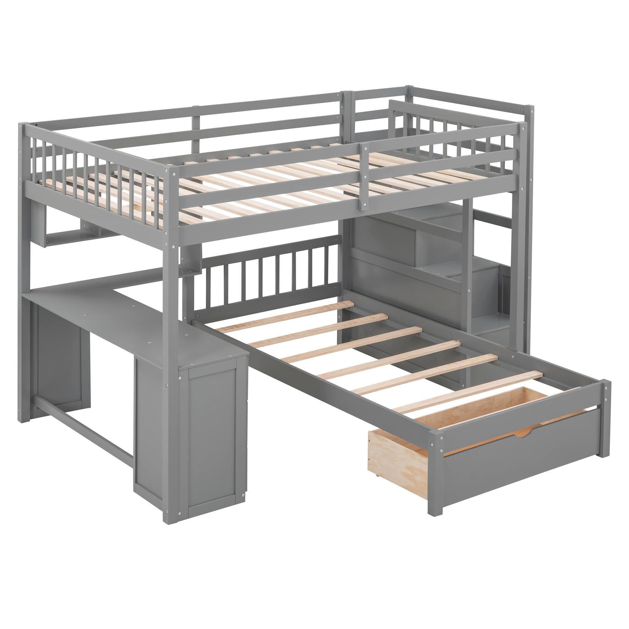 Alt View 2. Tiramisubest - Full Over Twin Bunk Bed with Desk, Gray - Solid Wood, 98x80x65 inches, Space-Saving - Gray.