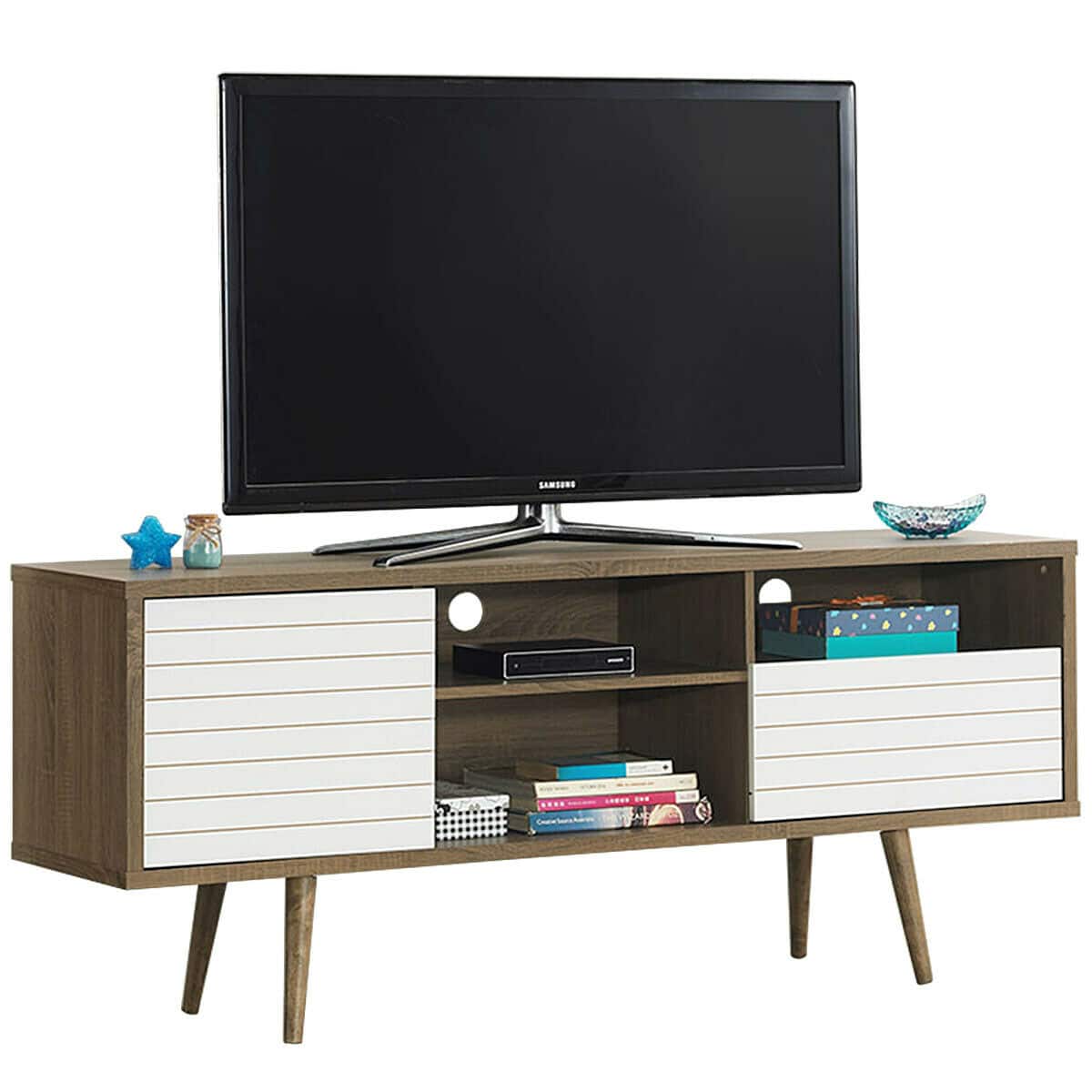 Front. Gymax - Gymax Modern TV Stand/Console Cabinet 3 Shelves Storage Drawer Splayed Leg Wood/White - Oak,White.