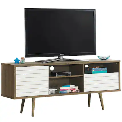 Front. Gymax - Gymax Modern TV Stand/Console Cabinet 3 Shelves Storage Drawer Splayed Leg Wood/White - Oak,White.