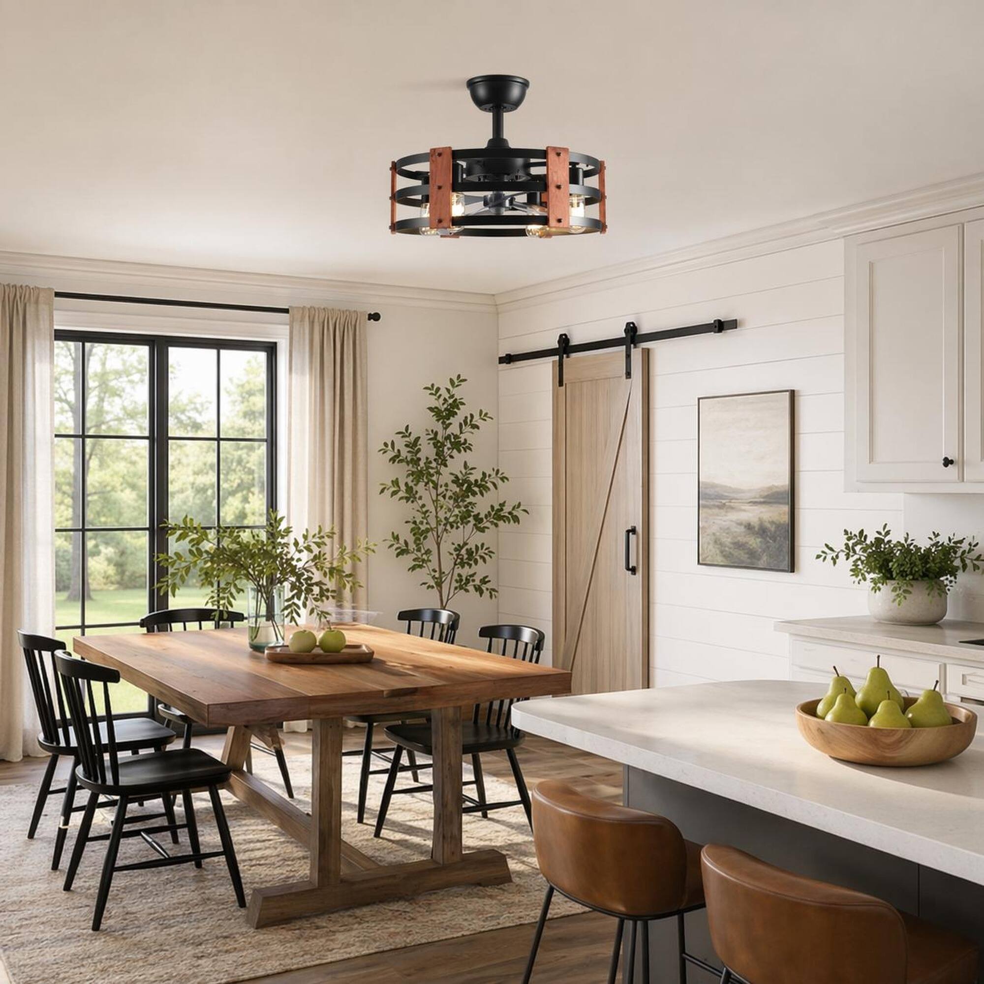 Left. RYHNUYNE - 19-Inch Black Ceiling Fan with Light and 4-Socket Chandelier, 3-Blade Reversible Motor, Adjustable Downrod.