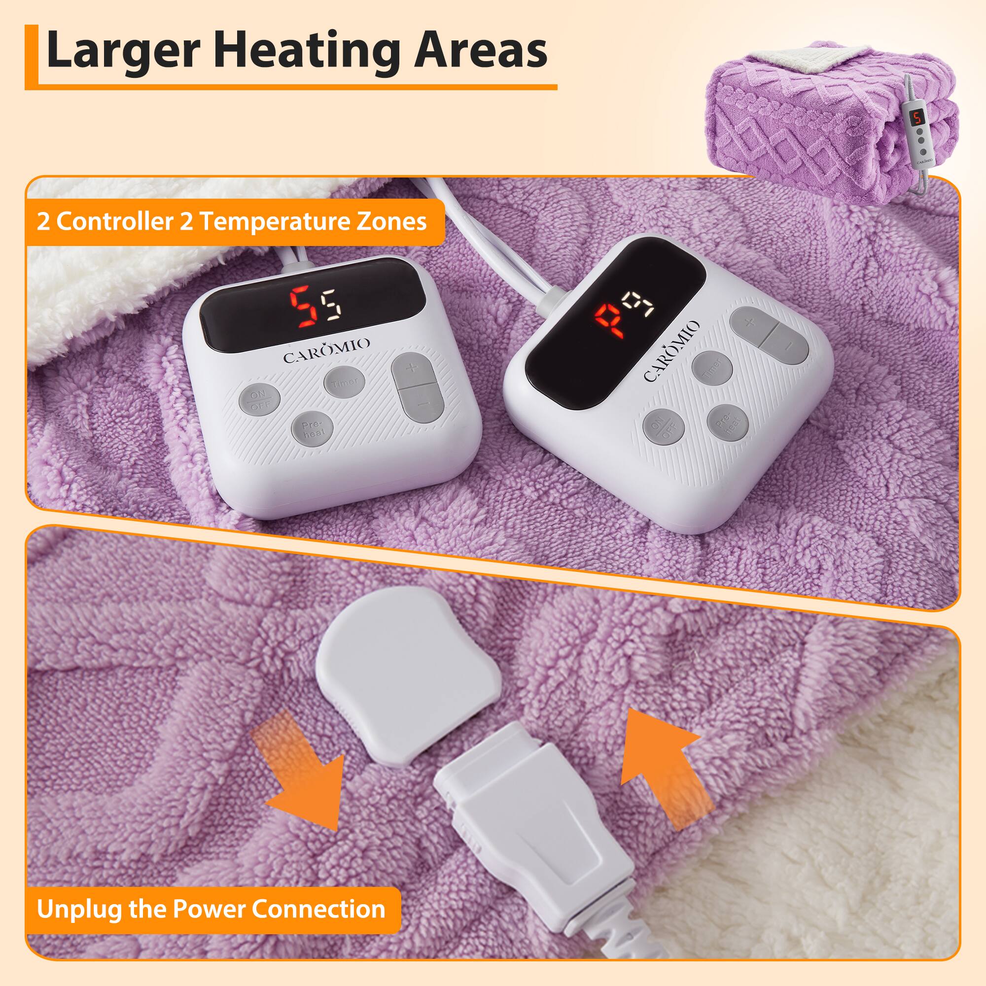 Larger Heating Areas

2 Controller 2 Temperature Zones

Unplug the Power Connection
