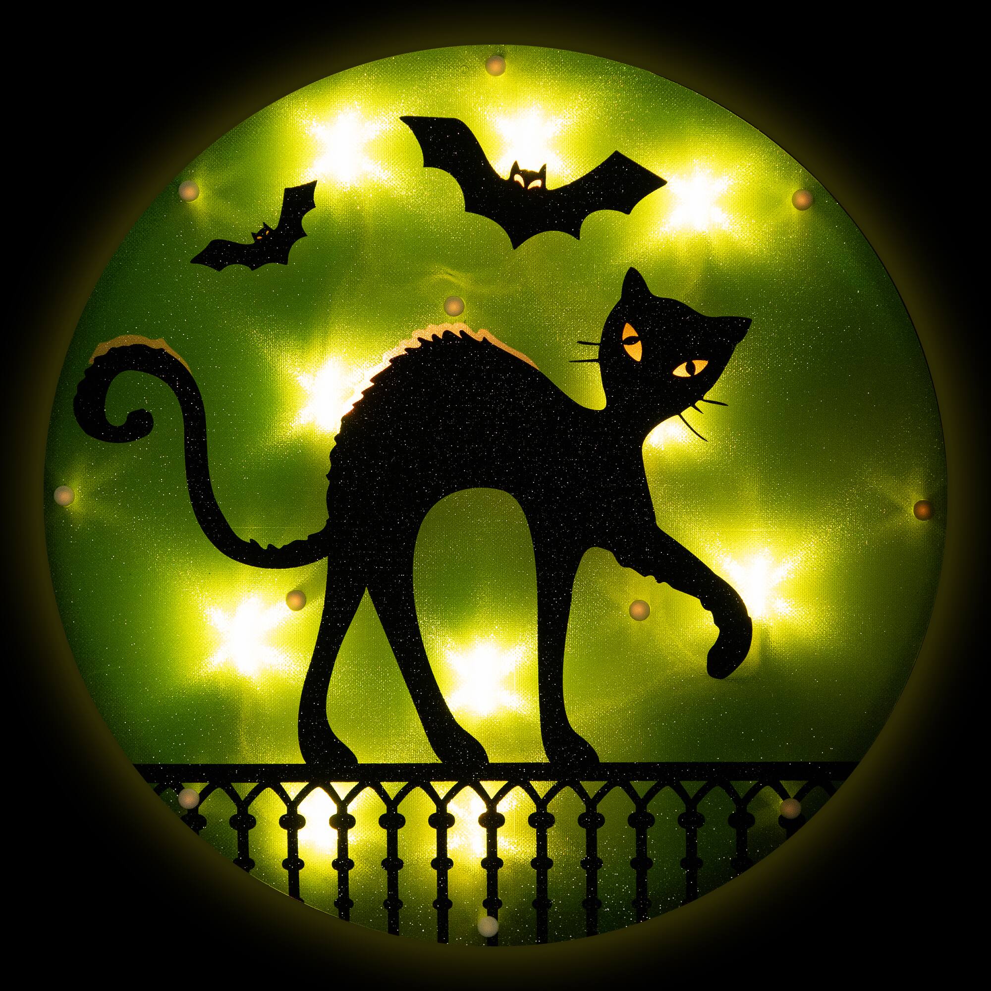 Front. Northlight - Lighted Black Cat with Bats Halloween Window Decoration - 13.75" - Green.