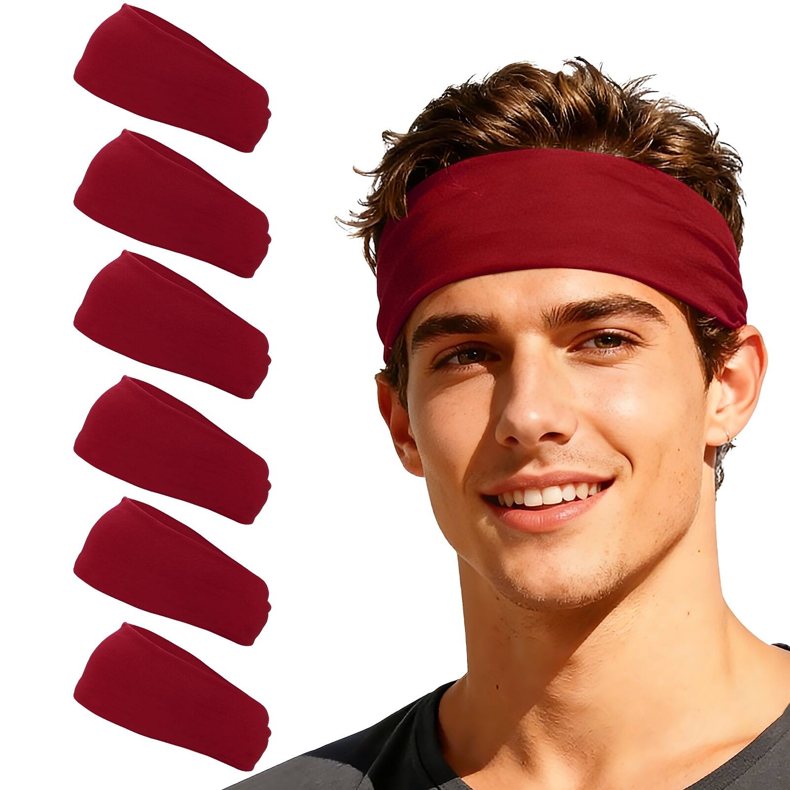 Front. Unique Bargains - Sport Headbands for Men & Women, Stretchy Sweatband Absorbent Headbands, 6pcs - For Yoga/Sports/Running/Fitness/Cycling - Burgundy.