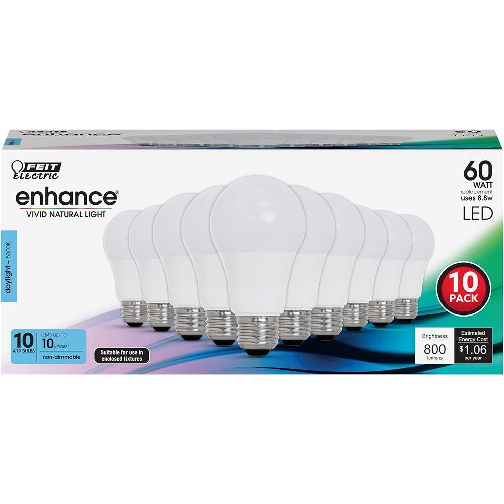 - FEIT Electric enhance VIVID NATURAL LIGHT 60 WATT replacement uses 8.8w LED 5000K daylight 10 PACK lasts up to 10 years A19 BULBS non-dimmable Suitable for use in enclosed fixtures Estimated Brightness Energy Cost 800 lumens $1.06 per year