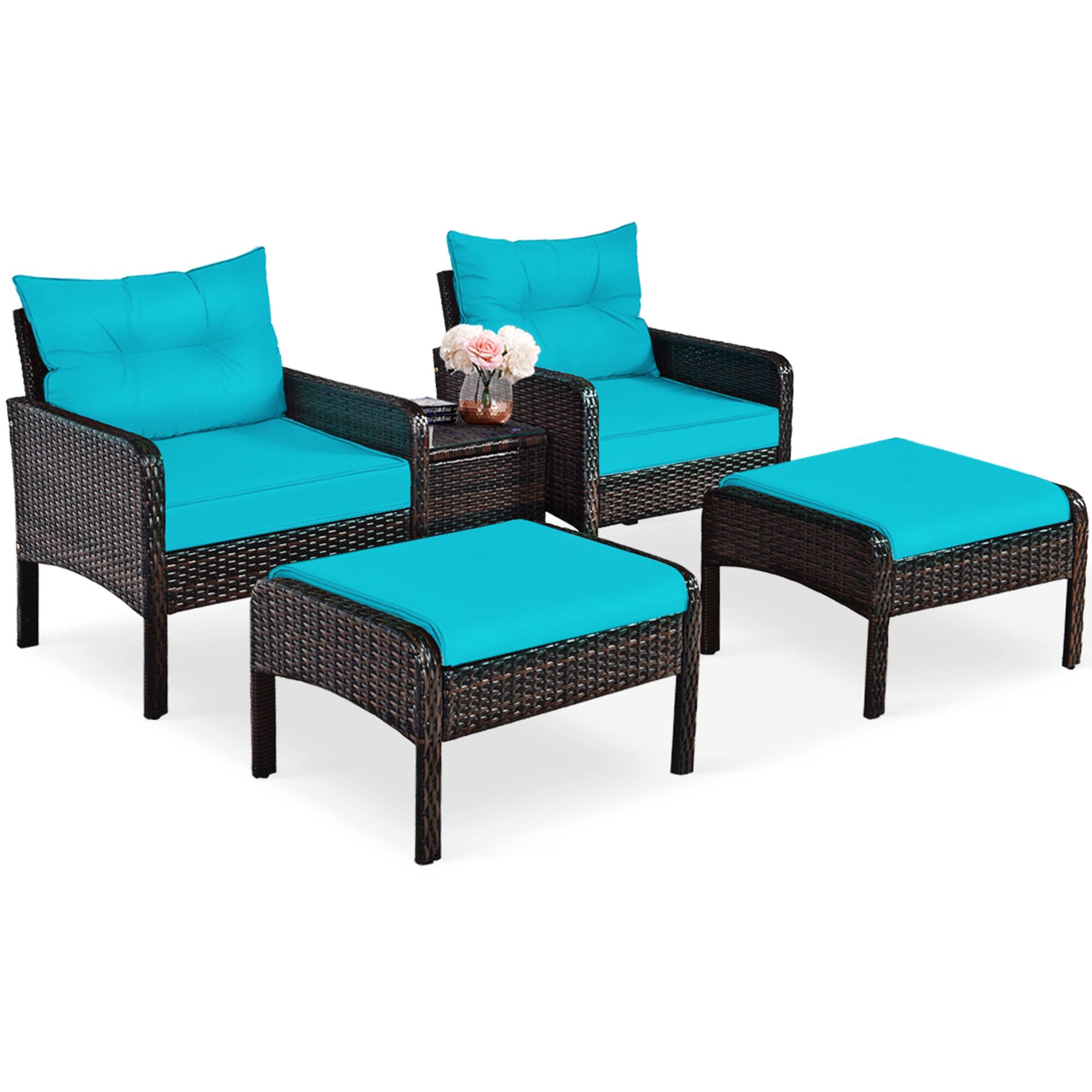 Alt View 1. Gymax - Gymax 5PCS Patio Set Sectional Rattan Wicker Furniture Set w/ Turquoise Cushion - as pic.