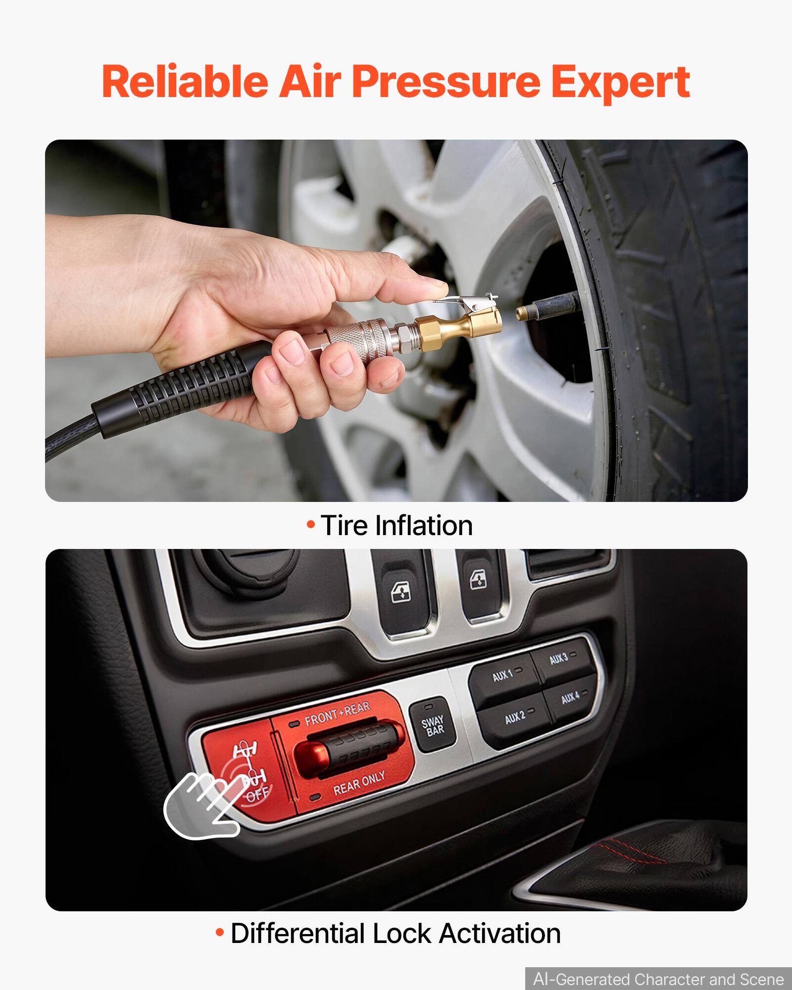 Reliable Air Pressure Expert

- Tire Inflation

- Differential Lock Activation

FRONT REAR

SWAY BAR

AUX1 AUX2

AUX3 AUX4

I OFF

REAR ONLY

AI-Generated Character and Scene