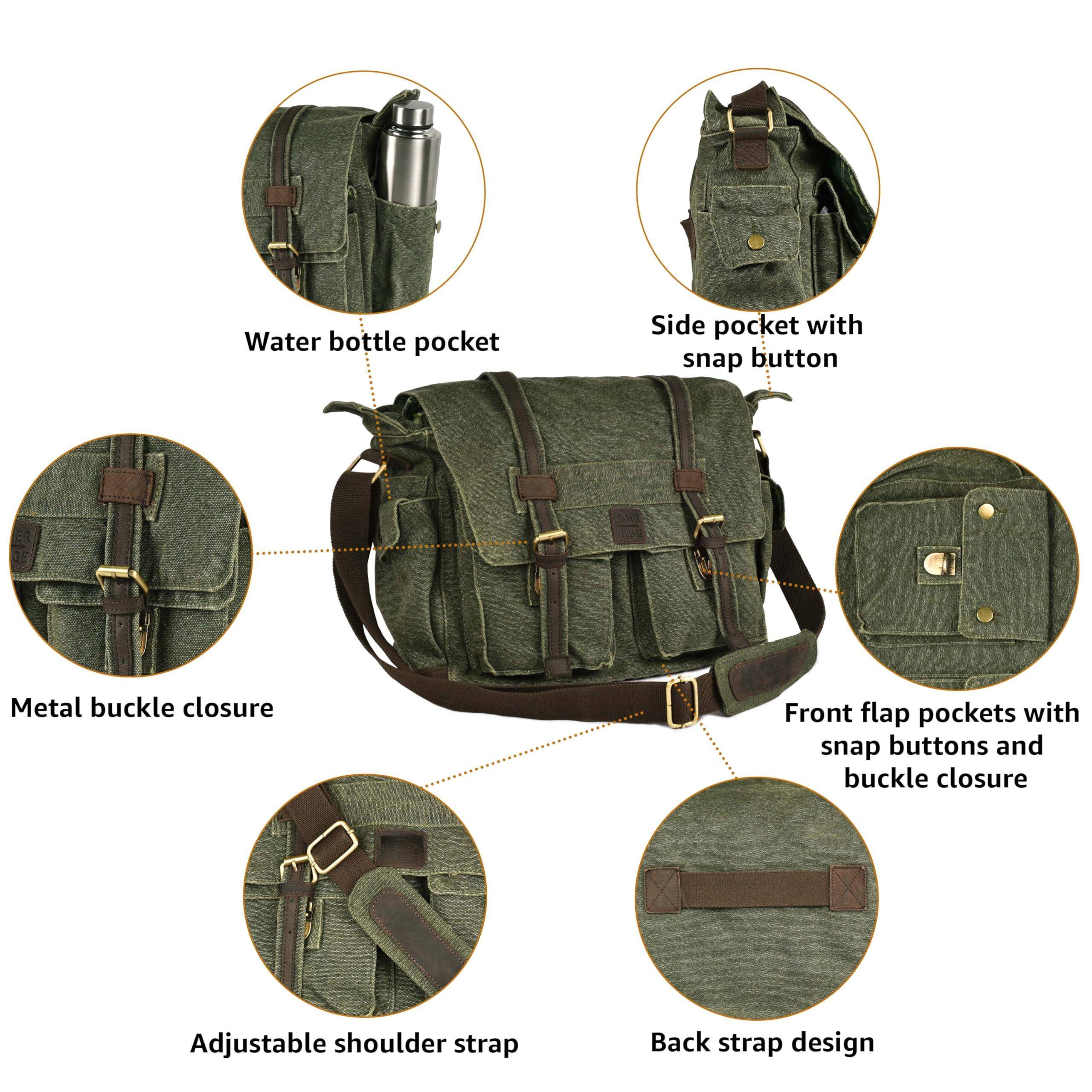 - Water bottle pocket
- Side pocket with snap button
- Metal buckle closure
- Front flap pockets with snap buttons and buckle closure
- Adjustable shoulder strap
- Back strap design