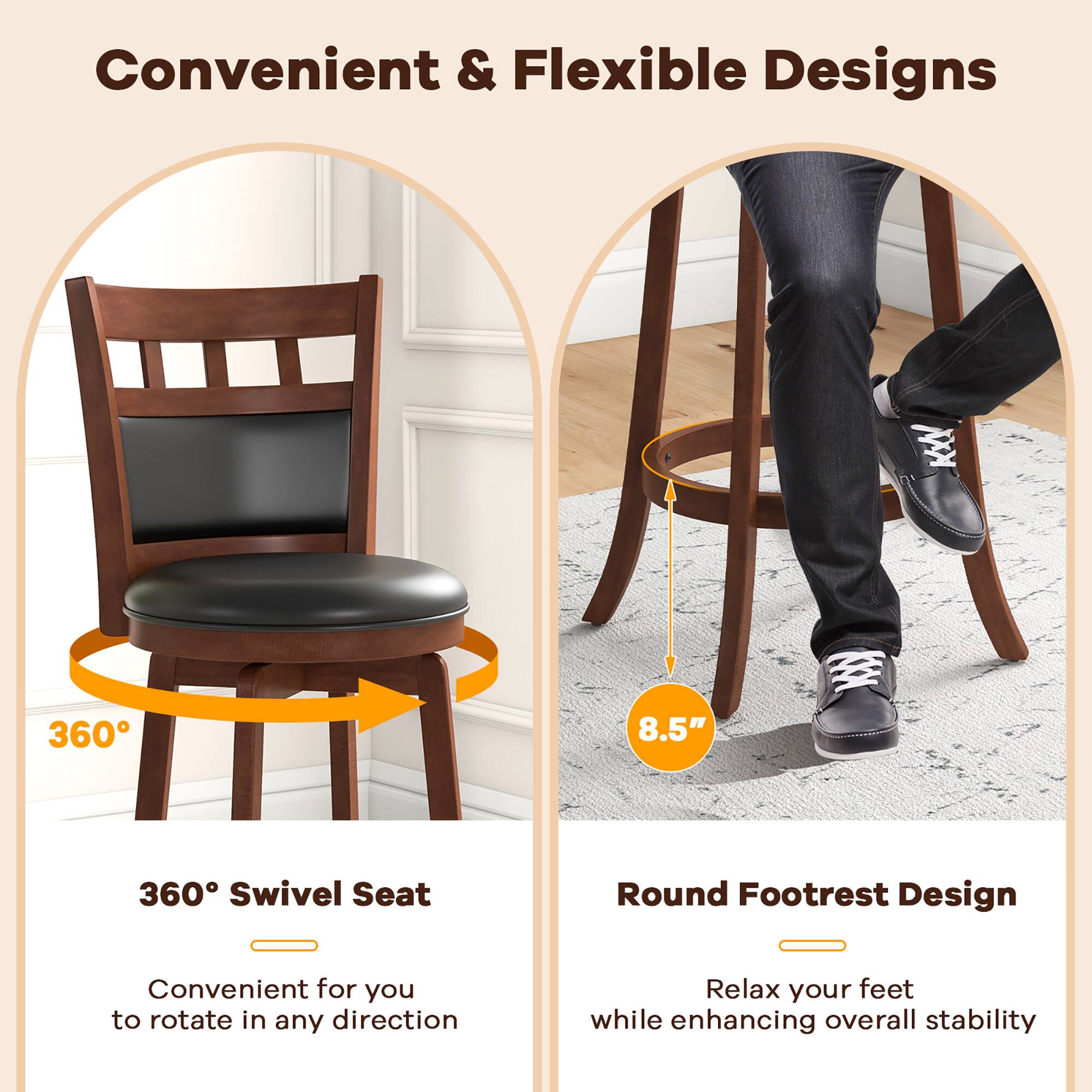 Convenient & Flexible Designs

360° Swivel Seat
Convenient for you to rotate in any direction

Round Footrest Design
Relax your feet while enhancing overall stability