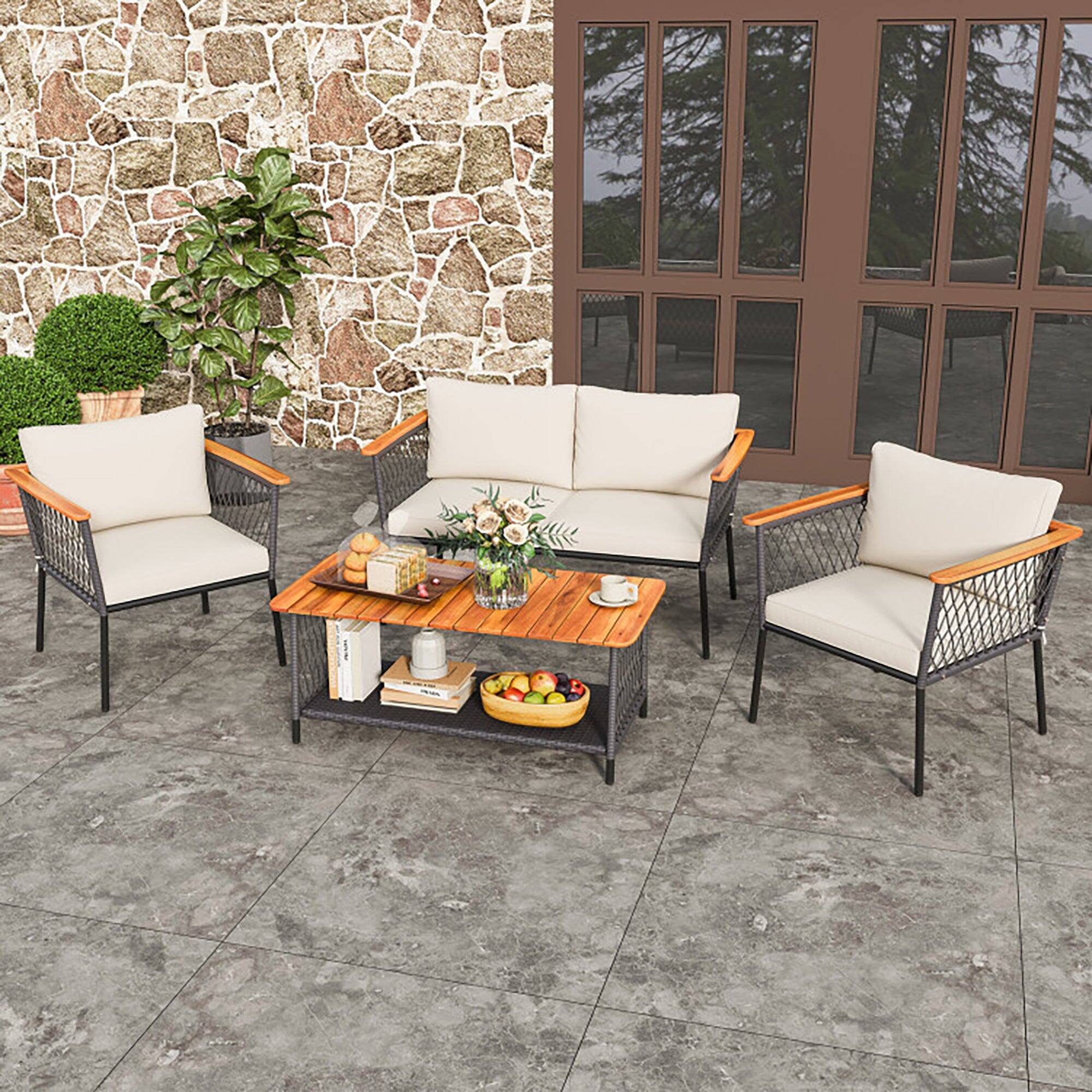 Alt View 7. Boyel Living - 4 Piece Patio Rattan Furniture Set with 2-Tier Coffee Table - White.