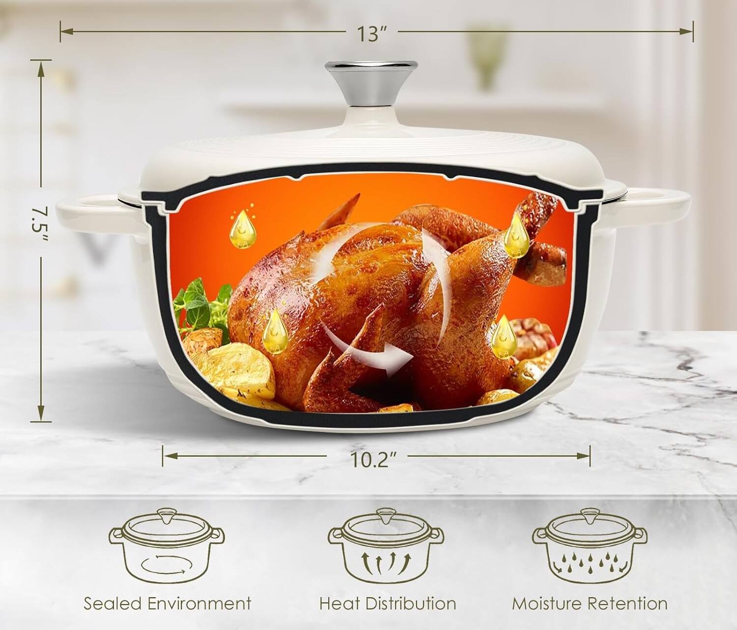 13"  
7.5"  
10.2"  
Sealed Environment  
Heat Distribution  
Moisture Retention