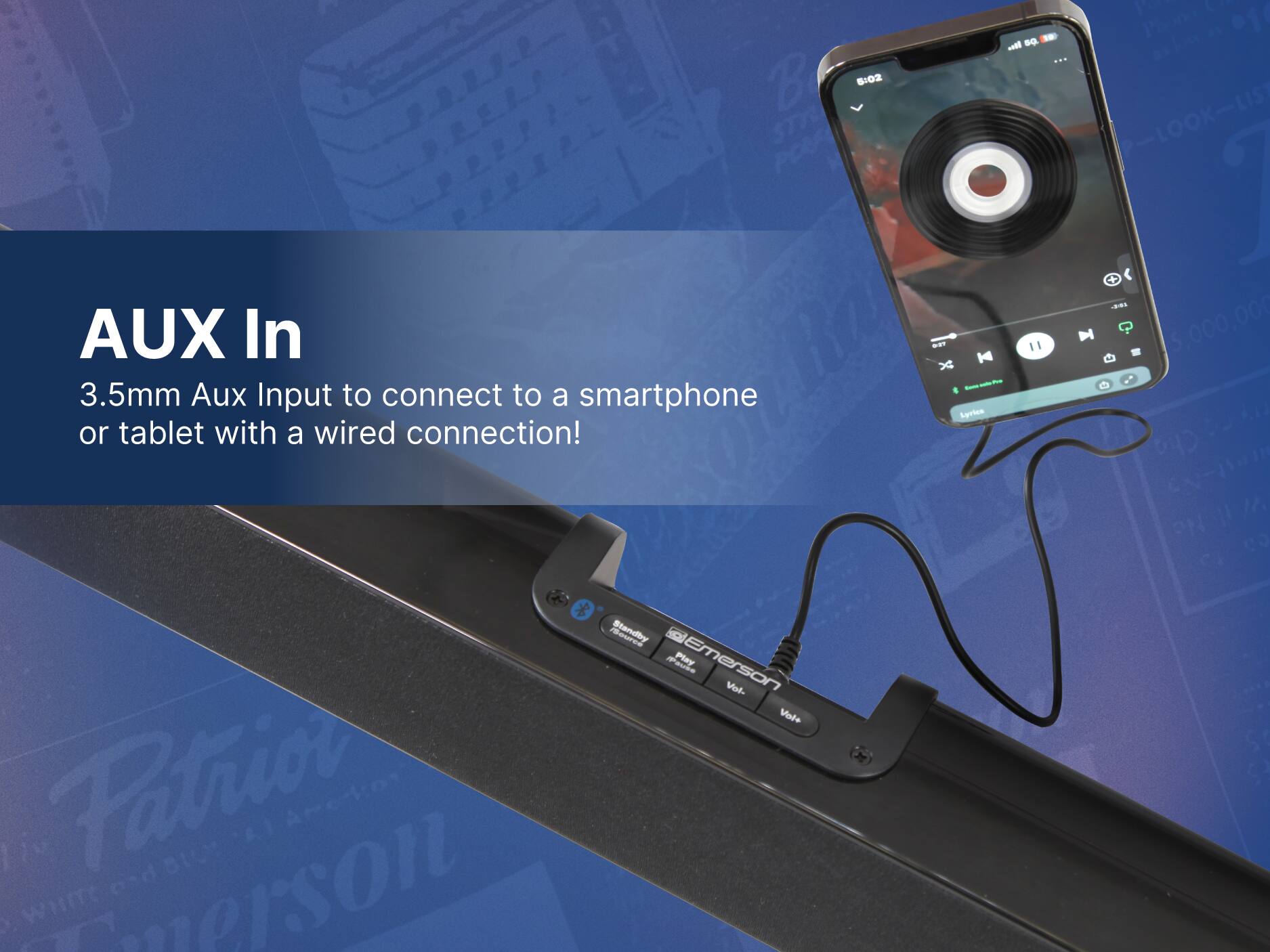 B S:02 STYL POUR AUX In 3.5mm 3. Aux Input to connect to a smartphone or tablet with a wired connection! - - DO " - - - Sprice M W C Phono a1 1 LOOK-LIS 1  5,000,000 * 20 Standiy @Emerson Pade Play Made Vole 1u Patrior d BLO! A) Amerkon A Laverson WHITE
