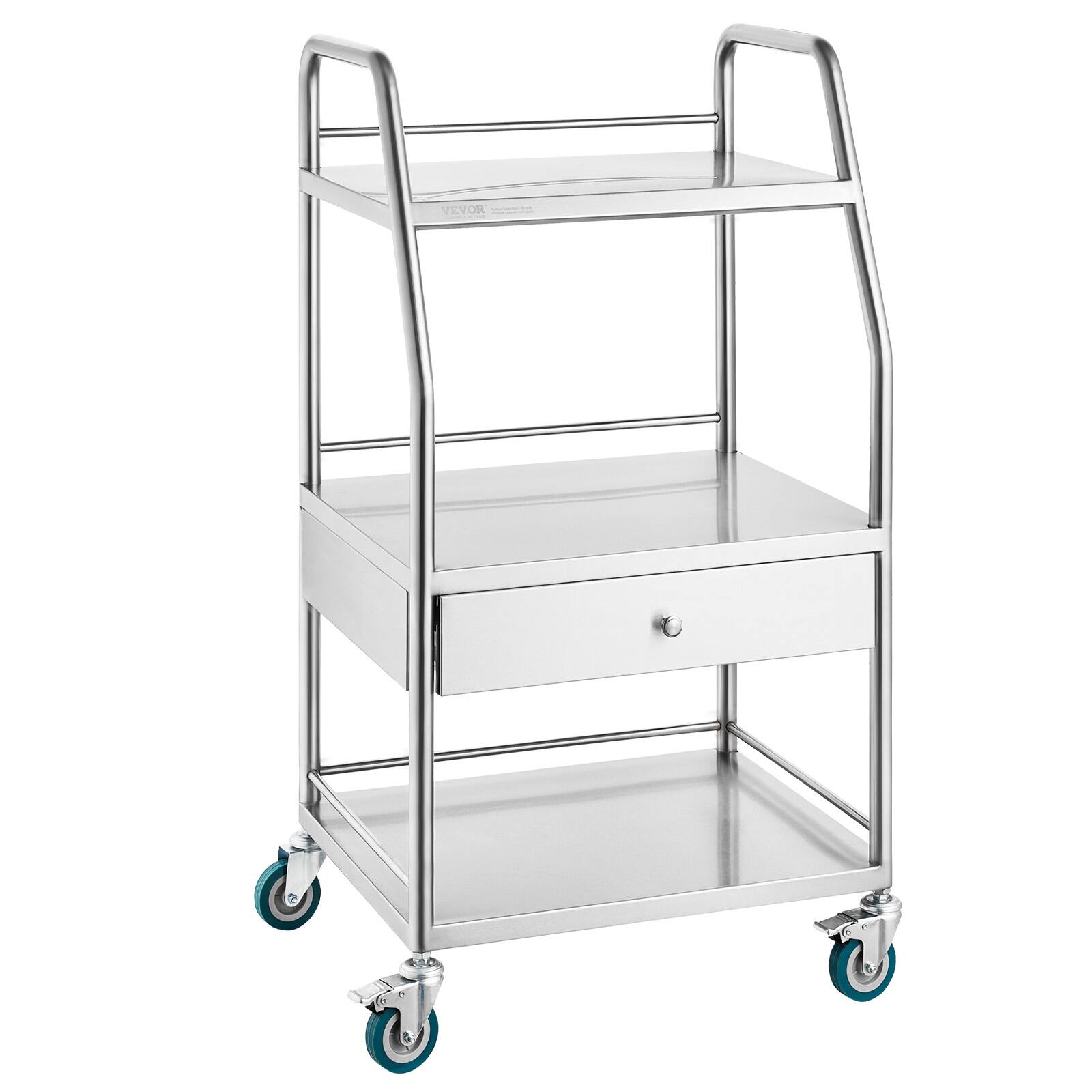 VEVOR - Lab Serving Cart, 3 Layers Stainless Steel Rolling Cart, Medical Cart with A Drawer, Utility Cart with Lockable Wheels - Silver