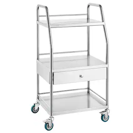 Front. VEVOR - Lab Serving Cart, 3 Layers Stainless Steel Rolling Cart, Medical Cart with A Drawer, Utility Cart with Lockable Wheels - Silver.