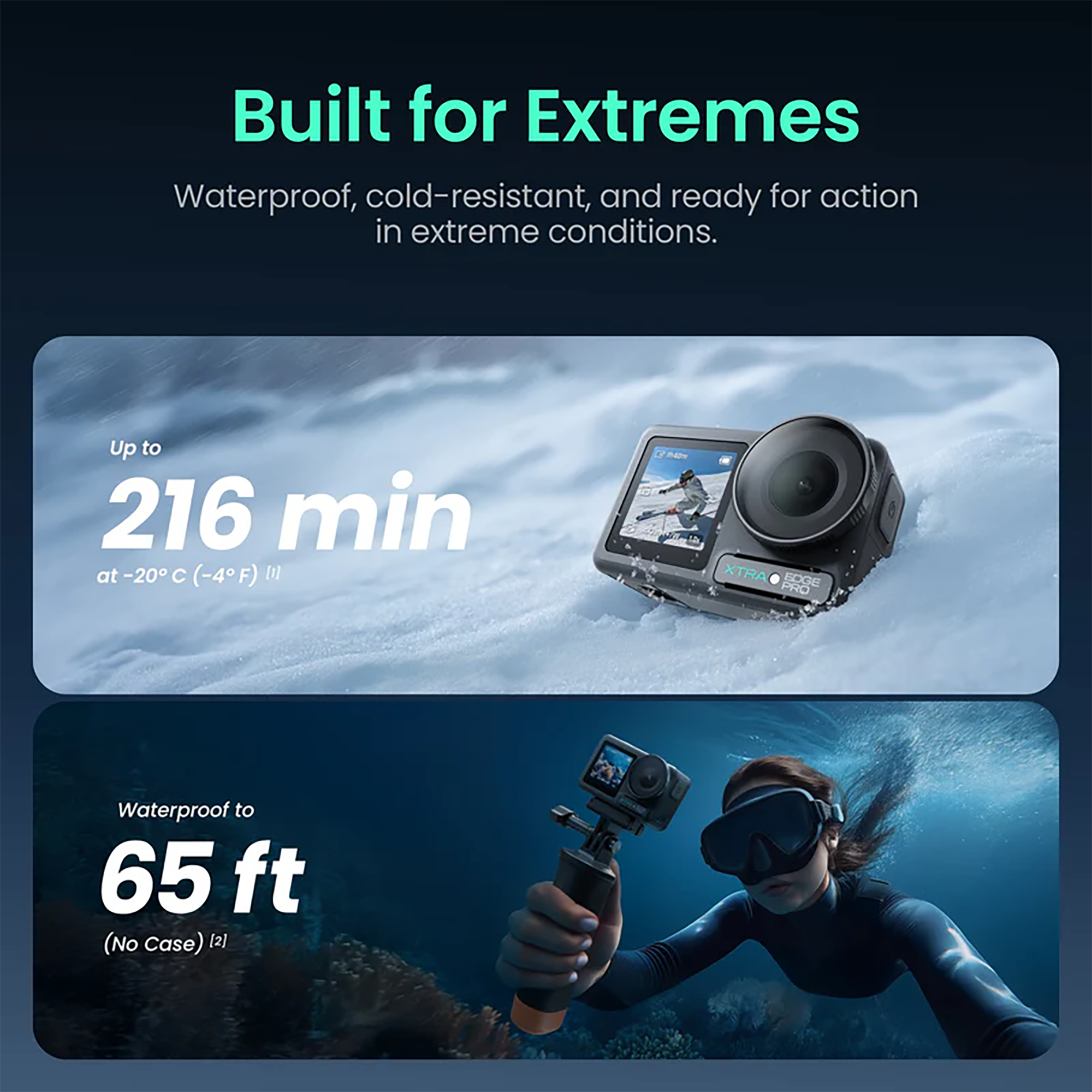 Built for Extremes  
Waterproof, cold-resistant, and ready for action in extreme conditions.  

Up to 216 min at -20°C (-4°F) [1]  

Waterproof to 65 ft (No Case) [2]
