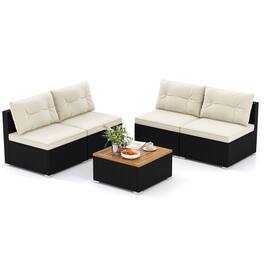 Costway - 5 Piece Outdoor Furniture Set with Seat & Back Cushions Acacia Wood Tabletop - Black,Off White
