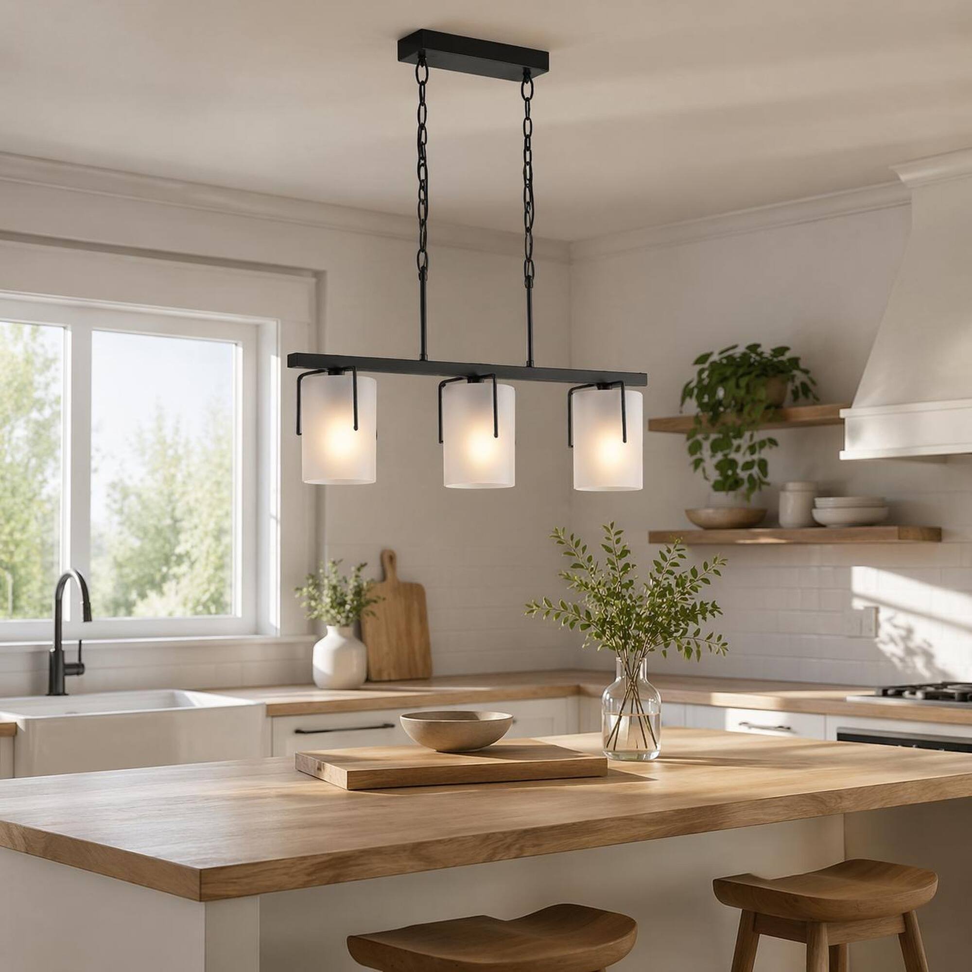 Back. RYHNUYNE - Modern 3‑Light Linear Chandelier, Kitchen Island Light Fixture for Kitchen Island, Dining Table - Black.