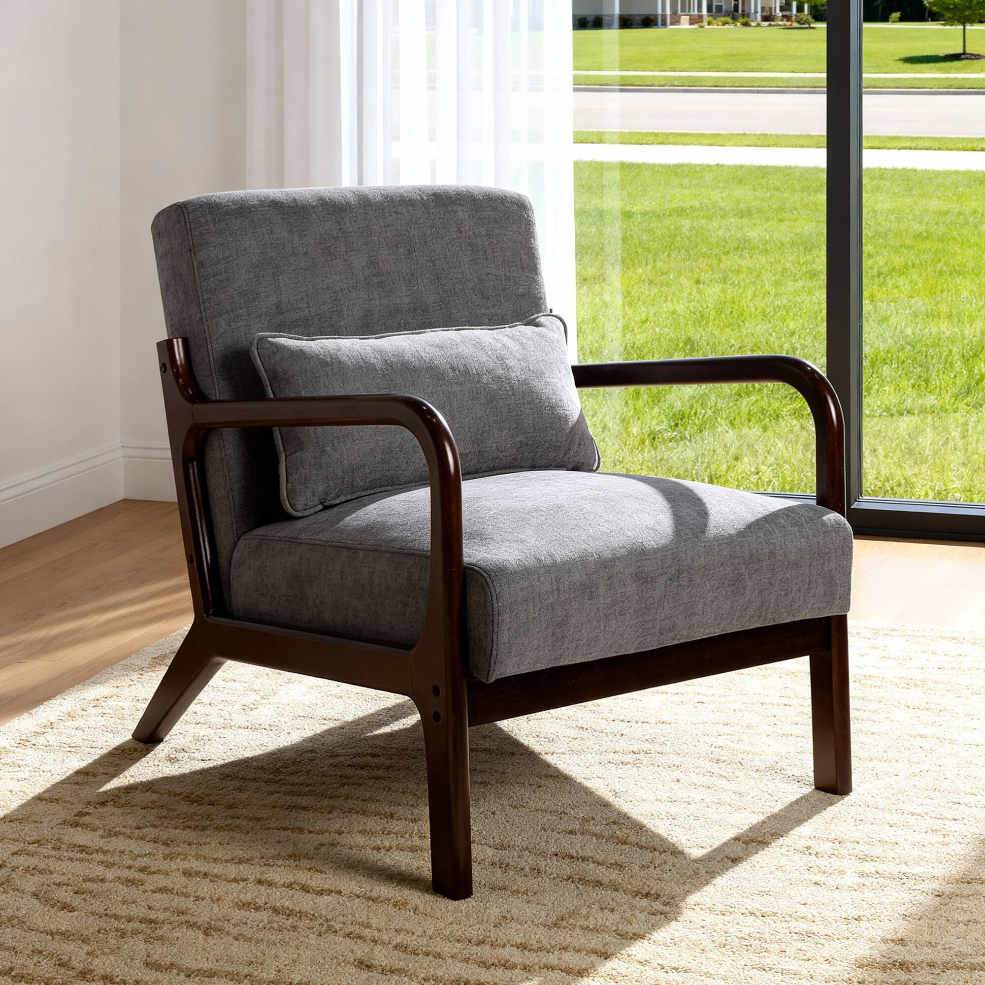 Angle. GOODSILO - Modern Accent Armchair with Solid Wood Frame and Detachable Lumbar Pillow for Living Spaces - Antique Dark Grey.