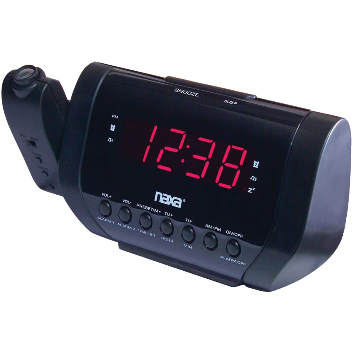 SNOOZE SLEEP PM
12:38
z2 m
VOL+ VOL- PRESET/M+
naxa
TU+ ALARM : TU-
ALARM 2 AM/FM TIME ON/OFF
BE HOUR MIN ALARM OFF