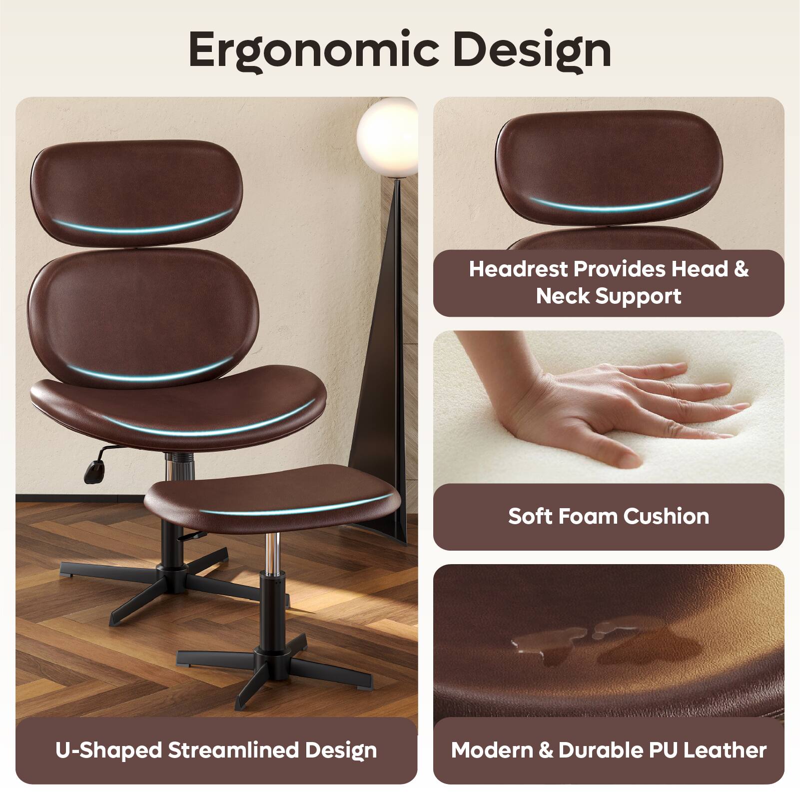 Ergonomic Design: Headrest Provides Head & Neck Support. Soft Foam Cushion. U-Shaped Streamlined Design. Modern & Durable PU Leather.