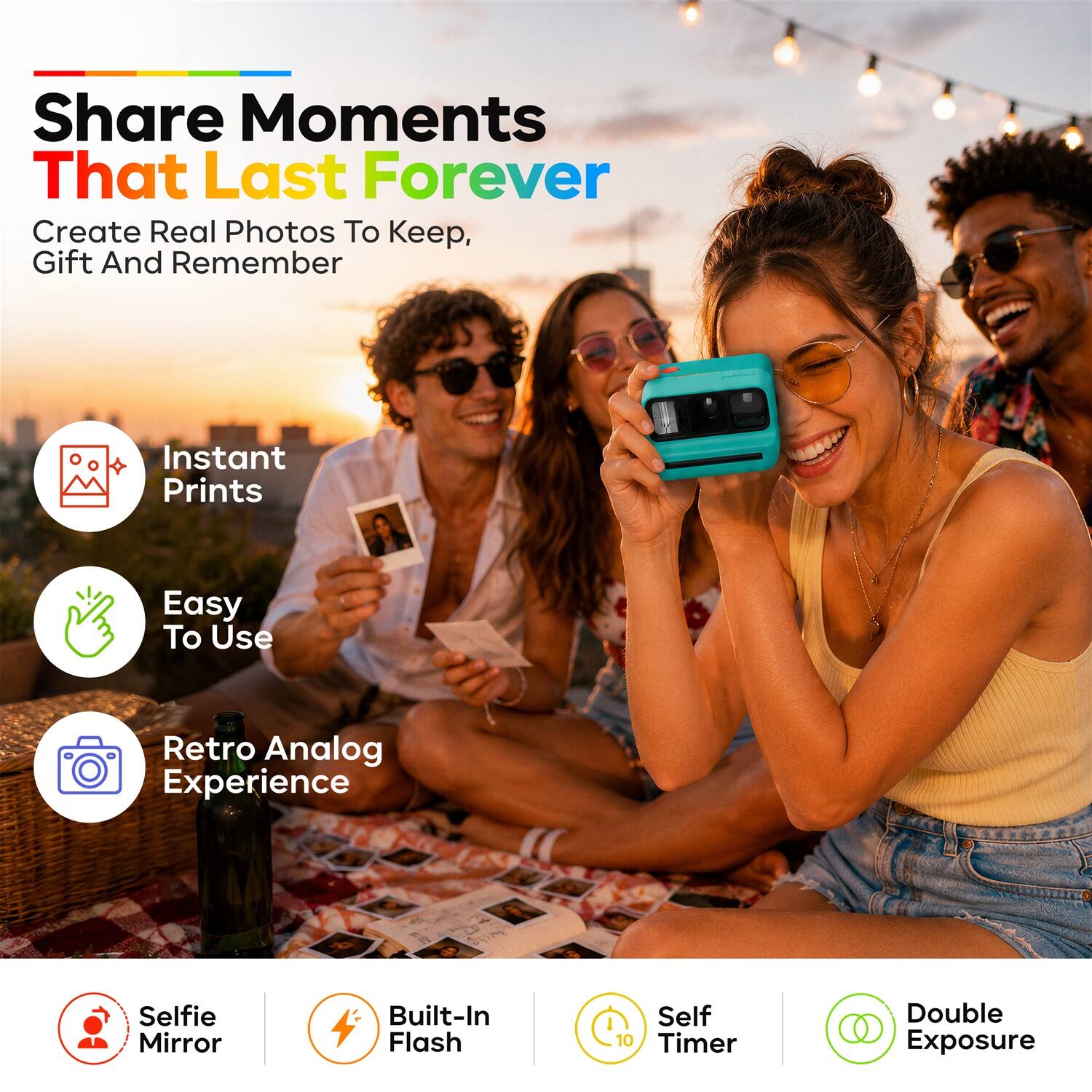Share Moments That Last Forever  
Create Real Photos To Keep, Gift And Remember  
Instant Prints  
Easy To Use  
Retro Analog Experience  
Selfie Mirror  
Built-In Flash  
Self Timer 10  
Double Exposure