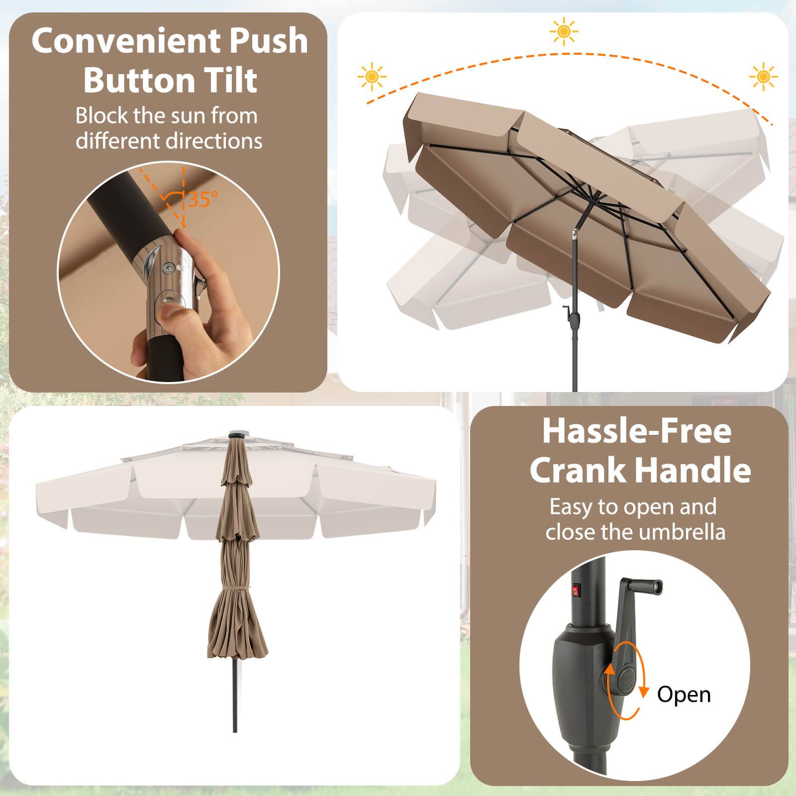Convenient Push Button Tilt: Block the sun from different directions.

Hassle-Free Crank Handle: Easy to open and close the umbrella.