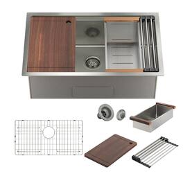 Boyel Living - 32 in. Undermount Single Bowl 18-Gauge Stainless Steel Kitchen Sink with Cutting Board, Rolling Drying Rack, Drain - Silver