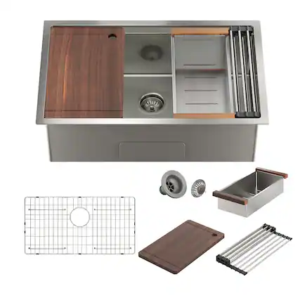 Front. Boyel Living - 32 in. Undermount Single Bowl 18-Gauge Stainless Steel Kitchen Sink with Cutting Board, Rolling Drying Rack, Drain - Silver.