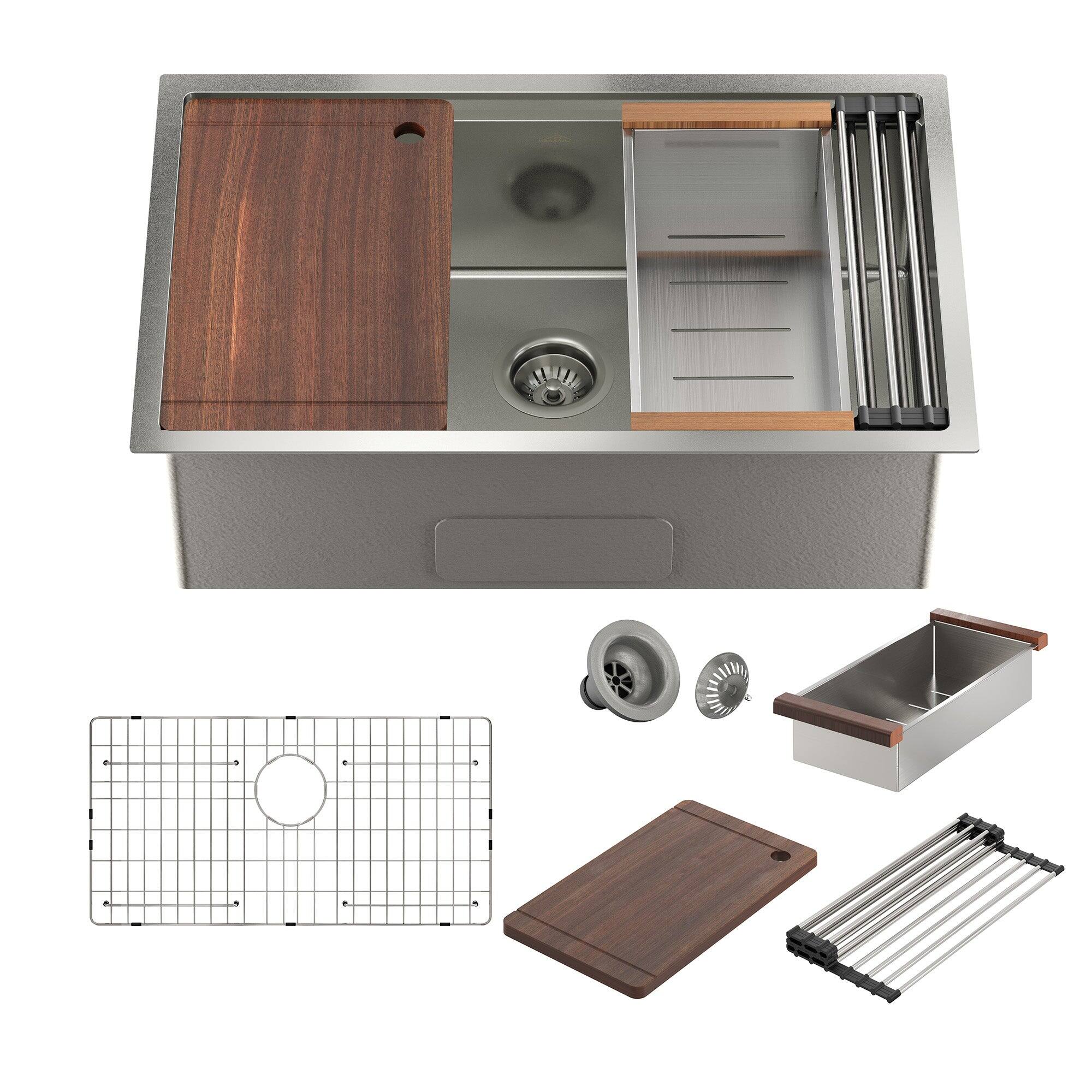 Front. Boyel Living - 32 in. Undermount Single Bowl 18-Gauge Stainless Steel Kitchen Sink with Cutting Board, Rolling Drying Rack, Drain - Silver.