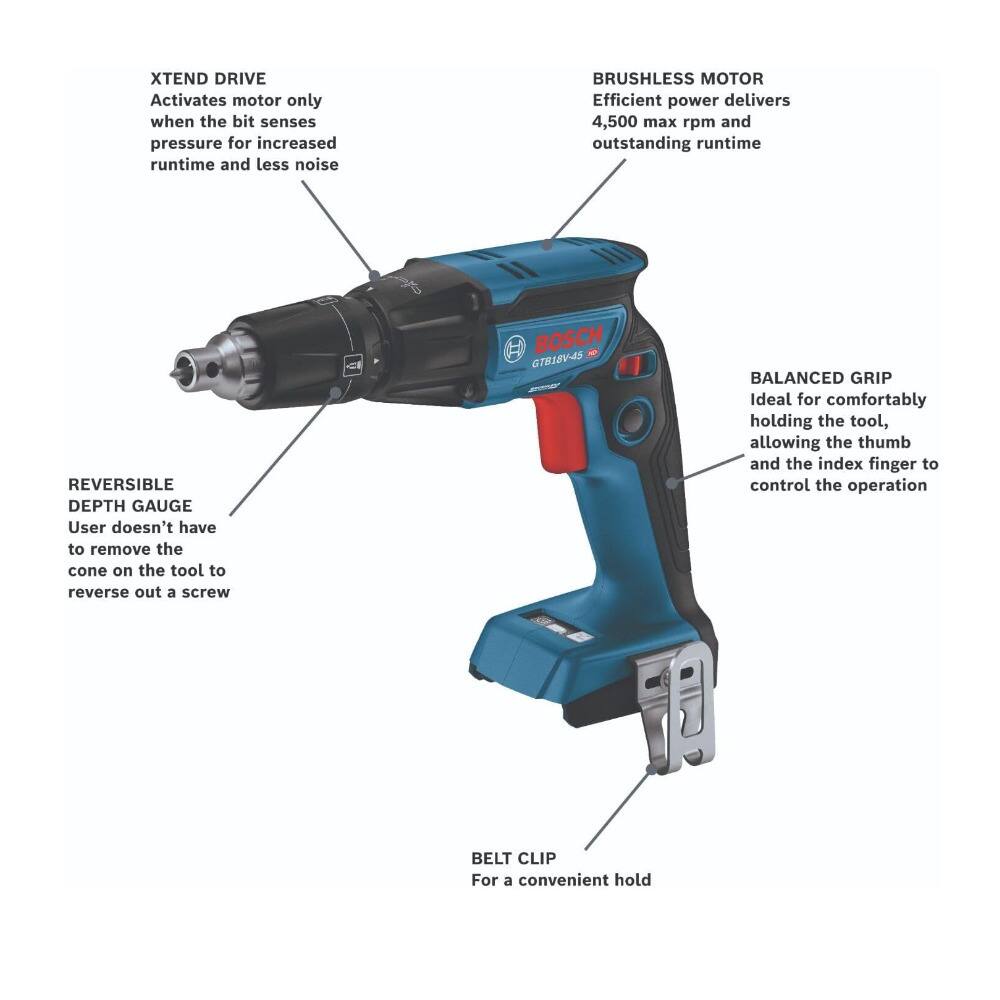 - XTEND DRIVE: Activates motor only when the bit senses pressure for increased runtime and less noise.
- BRUSHLESS MOTOR: Efficient power delivers 4,500 max rpm and outstanding runtime.
- REVERSIBLE DEPTH GAUGE: User doesn't have to remove the cone on the tool to reverse out a screw.
- BALANCED GRIP: Ideal for comfortably holding the tool, allowing the thumb and index finger to control the operation.
- BELT CLIP: For a convenient hold.
