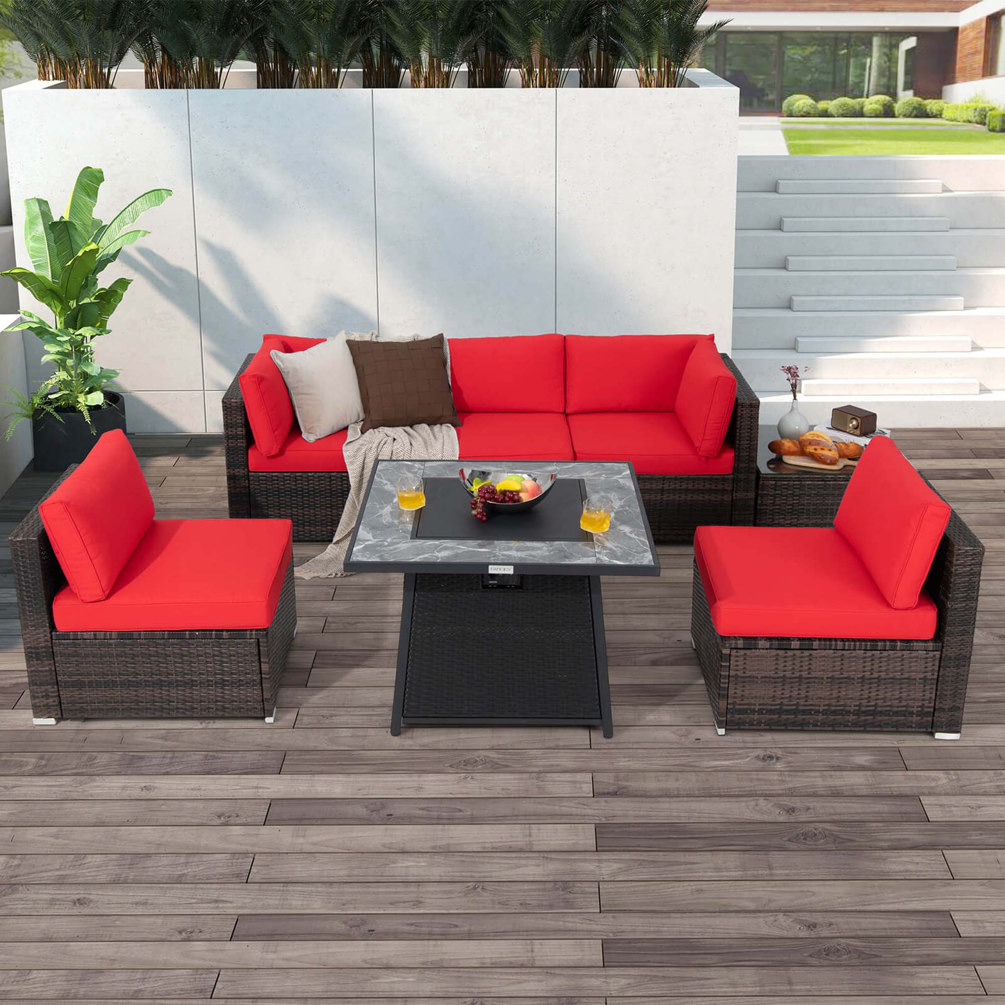 Alt View 1. Costway - 7 PCS Patio Furniture Set with 35" Propane Gas Fire Pit Table & Waterproof Cover - Red.