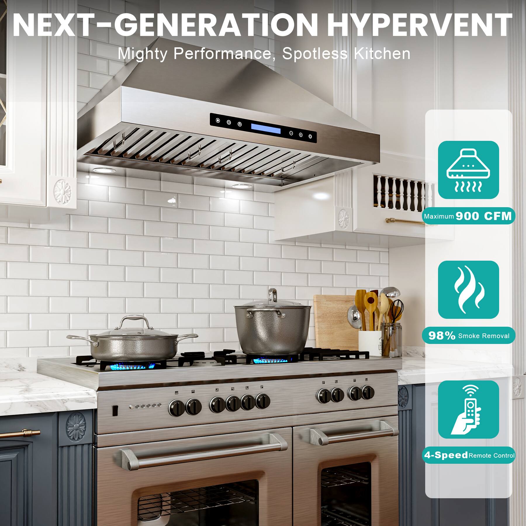 NEXT-GENERATION HYPERVENT  
Mighty Performance, Spotless Kitchen  

- Maximum 900 CFM  
- 98% Smoke Removal  
- 4-Speed Remote Control