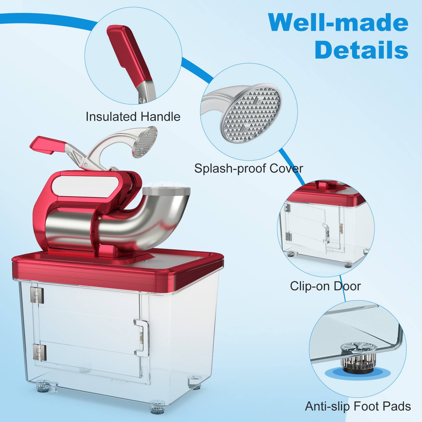 Well-made Details  
- Insulated Handle  
- Splash-proof Cover  
- Clip-on Door  
- Anti-slip Foot Pads