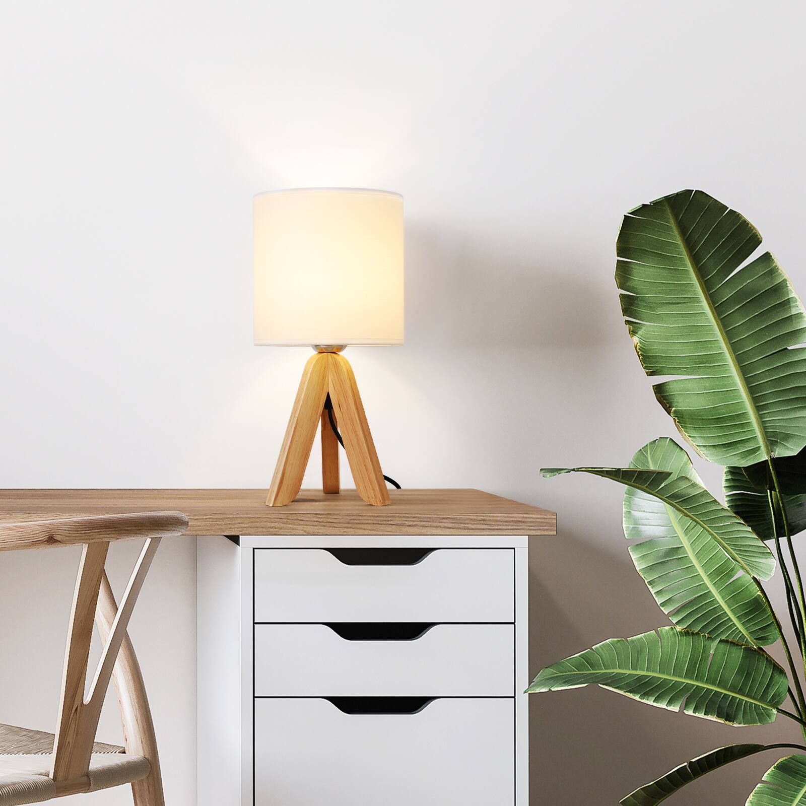 Alt View 1. Oumilen - Brown Wooden Tripod Nightstand Lamp with Fabric Shade.