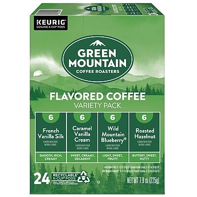 KEURIG GENUINE K-CUP PODS  
GREEN MOUNTAIN COFFEE ROASTERS  
FLAVORED COFFEE VARIETY PACK  

6 French Vanilla Silk  
SMOOTH, RICH, CREAMY  

6 Caramel Wild Cream  
SWEET, CREAMY, DECADENT  

6 Mountain Hazelnut  
BUTTERY, SWEET, NUTTY  

6 Roasted Blueberry  
LIGHT, SWEET, FRUITY  

24 RECYCLABLE K-CUP PODS  
NET WT 7.9 OZ (225g)