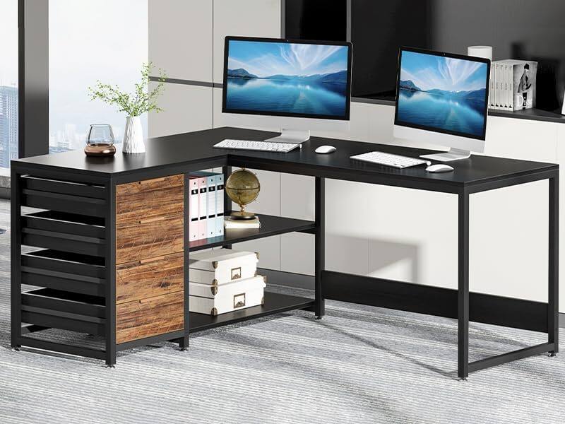 Alt View 2. APRILSOUL - 59Inches L-Shaped Computer Desk with Drawers and Storage Shelves Reversible Corner Office Desk File Cabinets Black - Black+Brown.