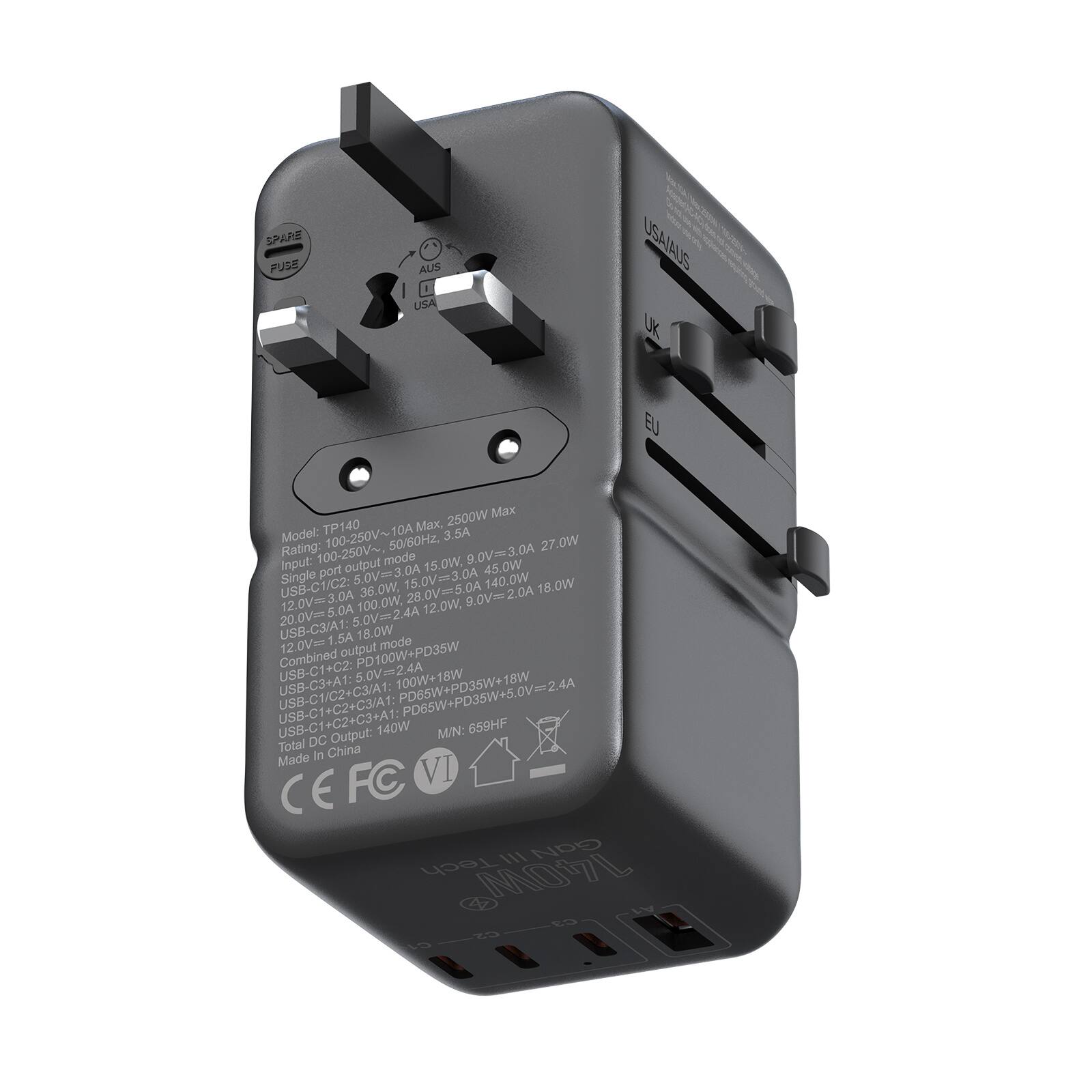 The text on the image reads:

"Spare FU2Z AUS USA USA/AUS UK EU 2500W Max TP140 Mx, Model: 100-250V~10A 50/60Hz, 3.5A Rating: 27.0W Input: 100-250V~ mode 15.0W. 9.0V==3.0A port output 5.0V=3.0A 45.0W Single 15.0V=3.0A 140.0W 18.0W USB-C1/C2: 36.0W. 28.0V=5.0A 9.0V=2.0A 2.0A 12.0V=3.0A 100.0W. 12.0W. 20.0V=5.0A 5.0Vm2.4A USB-C3/A1: 1.5A 18.0W 12.0V output mode PD100W+PD35W Combined USB-C1+CZ: 5.0V=24A 100W+18W USB-C3+A1: USB-C1/C2+C3/A1 PD65W+PD35W+18W USB-C1+C2+C3+A1: USB-C1 Output: 140W M/N: 659HF Total DC Made in China FC VI CE IlI GaN Tech 14OV Eo 25 O A"

The text is describing the features and specifications of a power adapter. It indicates that the adapter is compatible with various regions, including the USA, Australia, the UK, and the EU. The adapter has a maximum output of 2500W and is rated at 27W. It can accept input voltages between 100-250V and has a 10A 50/60Hz rating. The adapter also features USB-C ports with different power ratings and output modes
