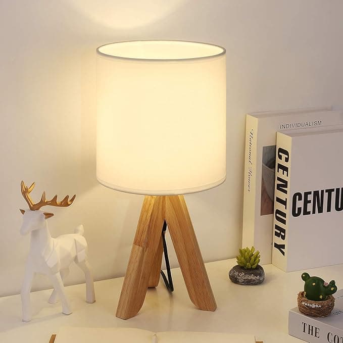 Oumilen - Small Cute Kids Desk Lamp - White Wood Tripod Base with Fabric Shade for Bedroom Study Room Dorm