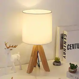 Oumilen - Small Cute Kids Desk Lamp - White Wood Tripod Base with Fabric Shade for Bedroom Study Room Dorm