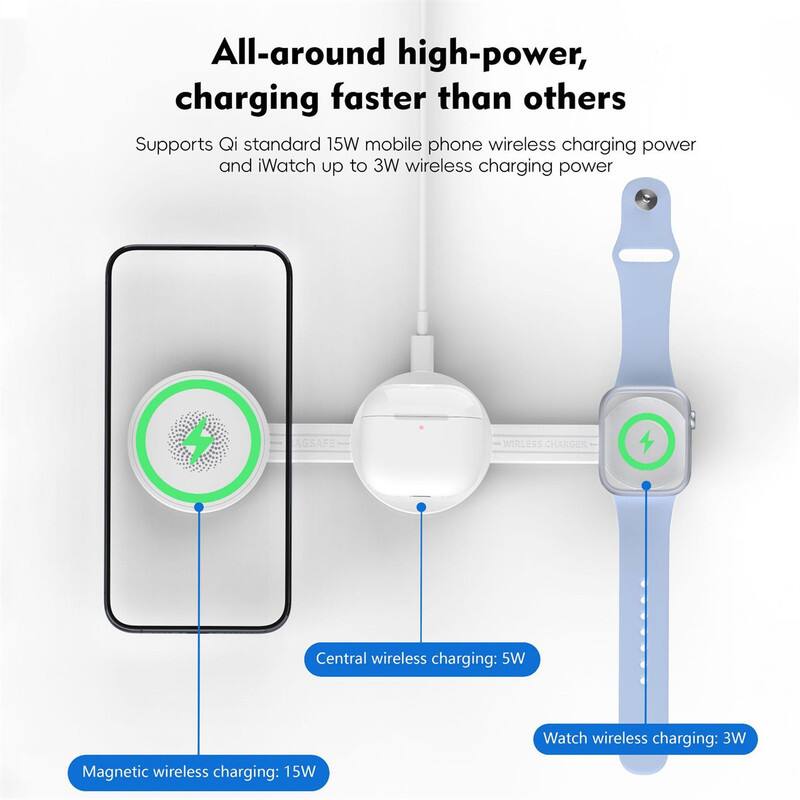 All-around high-power, charging faster than others

Supports Qi standard 15W mobile phone wireless charging power and iWatch up to 3W wireless charging power

- Central wireless charging: 5W
- Magnetic wireless charging: 15W
- Watch wireless charging: 3W