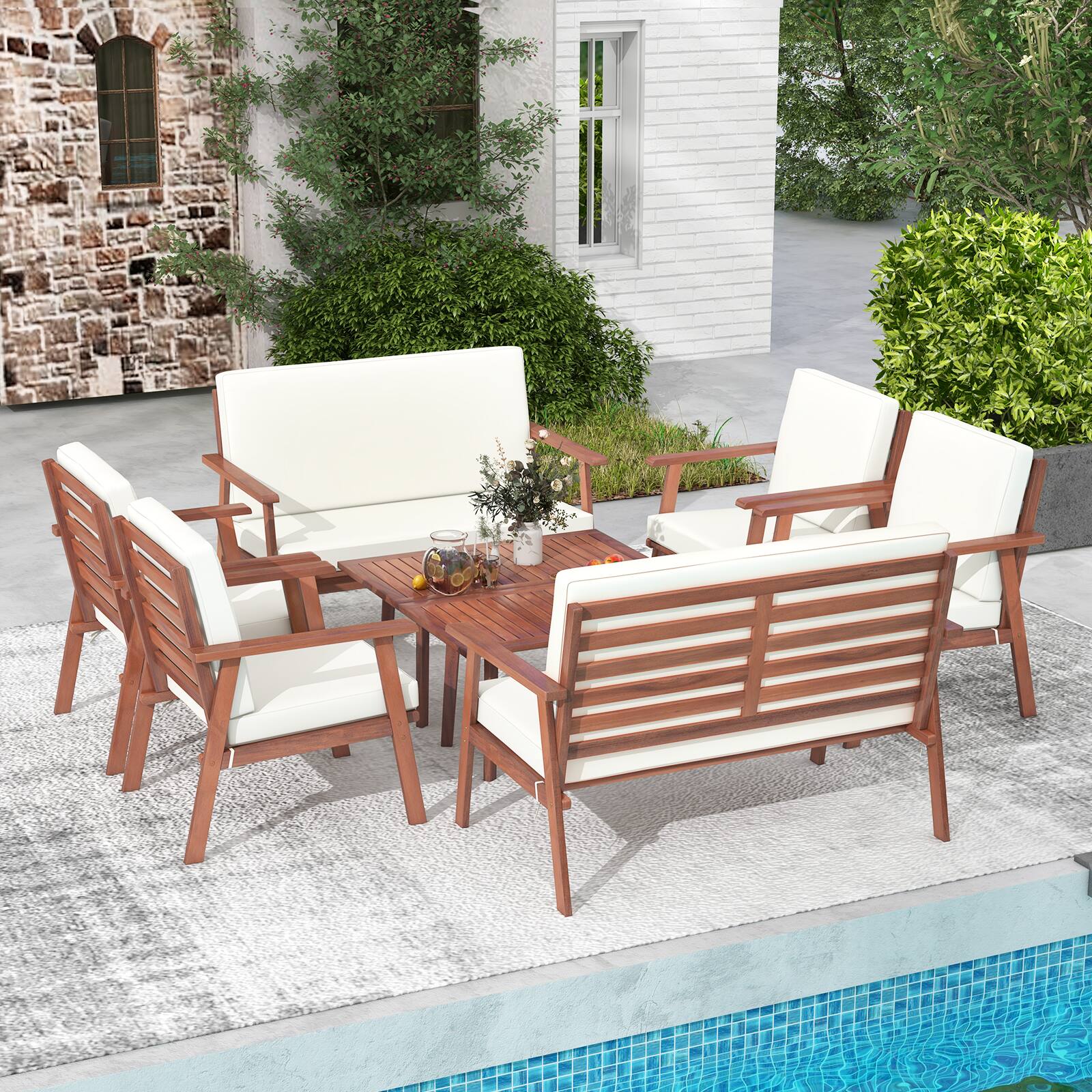 Alt View 1. Costway - 8 PCS Patio Conversation Set Acacia Wood Sofa Coffee Table with Cushioned Seat - Natural + Off White.