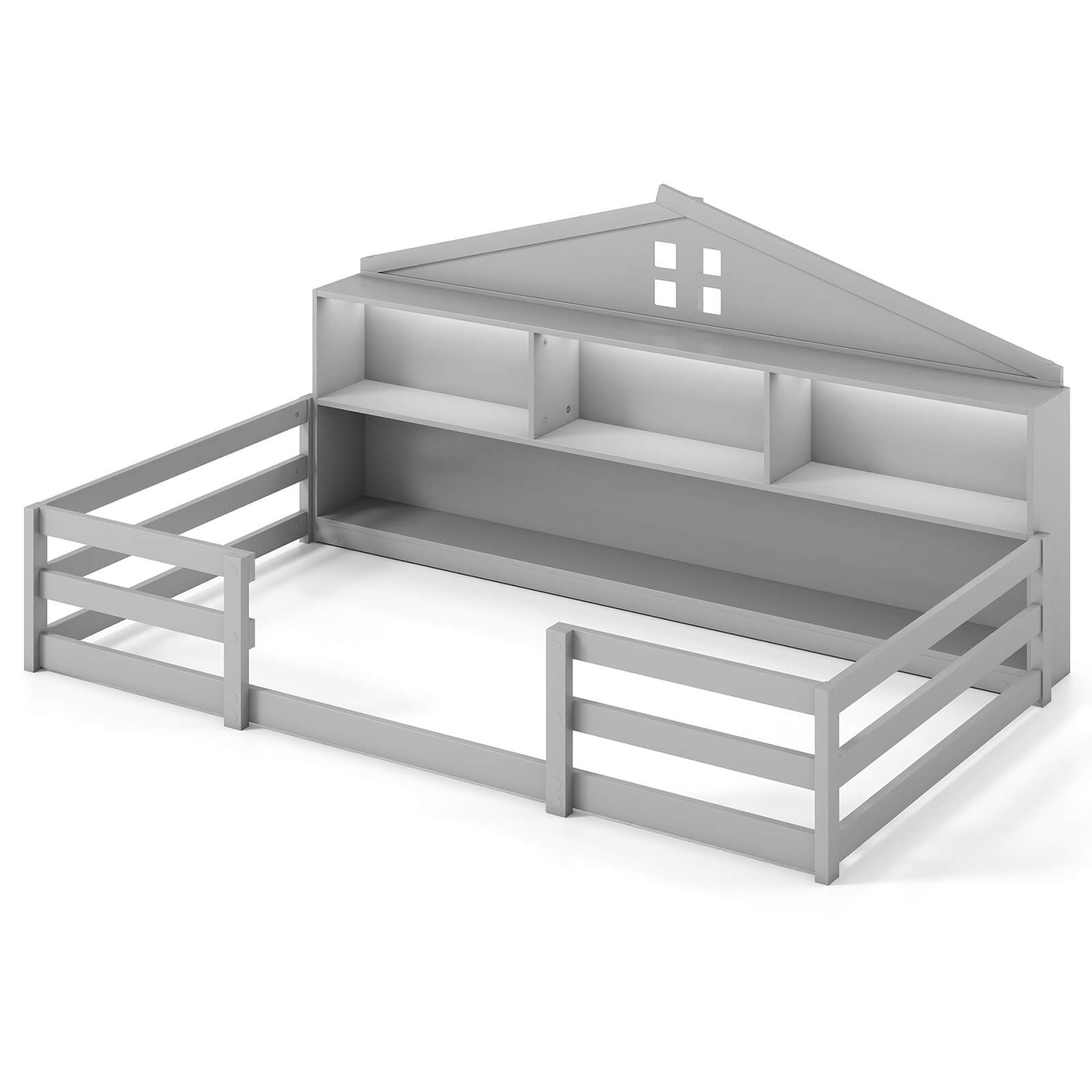 Front. Costway - Costway Twin Size Montessori Floor Bed with LED Lights Safety Guardrails Compartments Shelf - Gray.